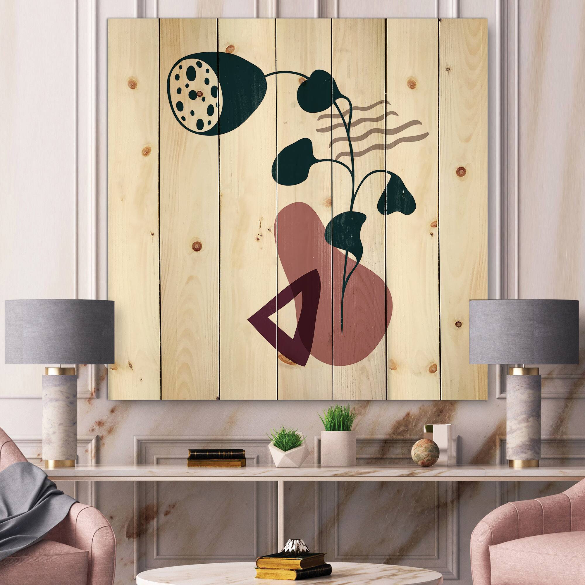Designart - Elementary Shapes With Abstract Flowers Plants V - Modern Print on Natural Pine Wood
