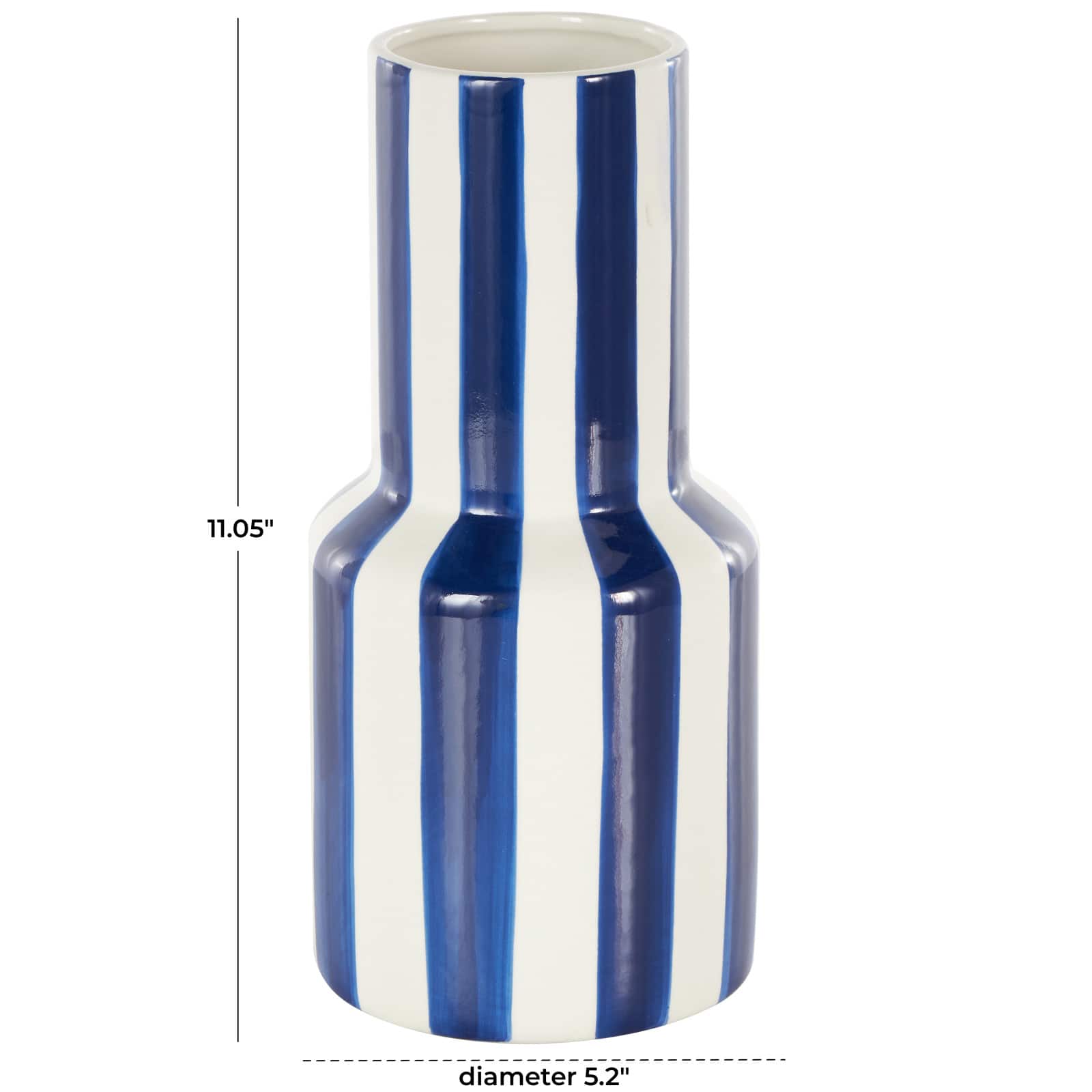 11" White & Blue Stripes Round Decorative Ceramic Vase