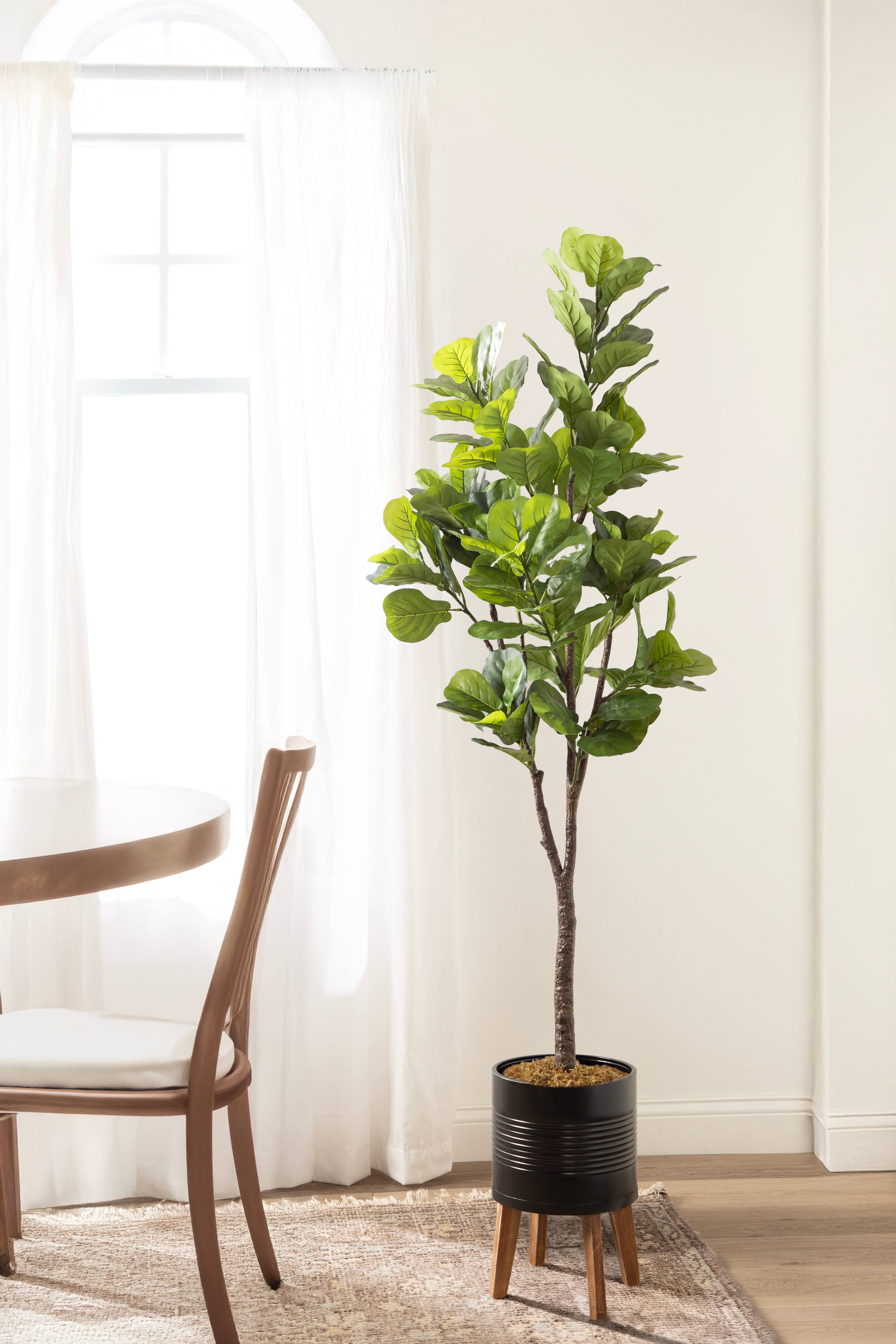 Kate and Laurel Fidmont 6ft. Faux Fiddle Fig Tree in Gavri Wood Footed Planter