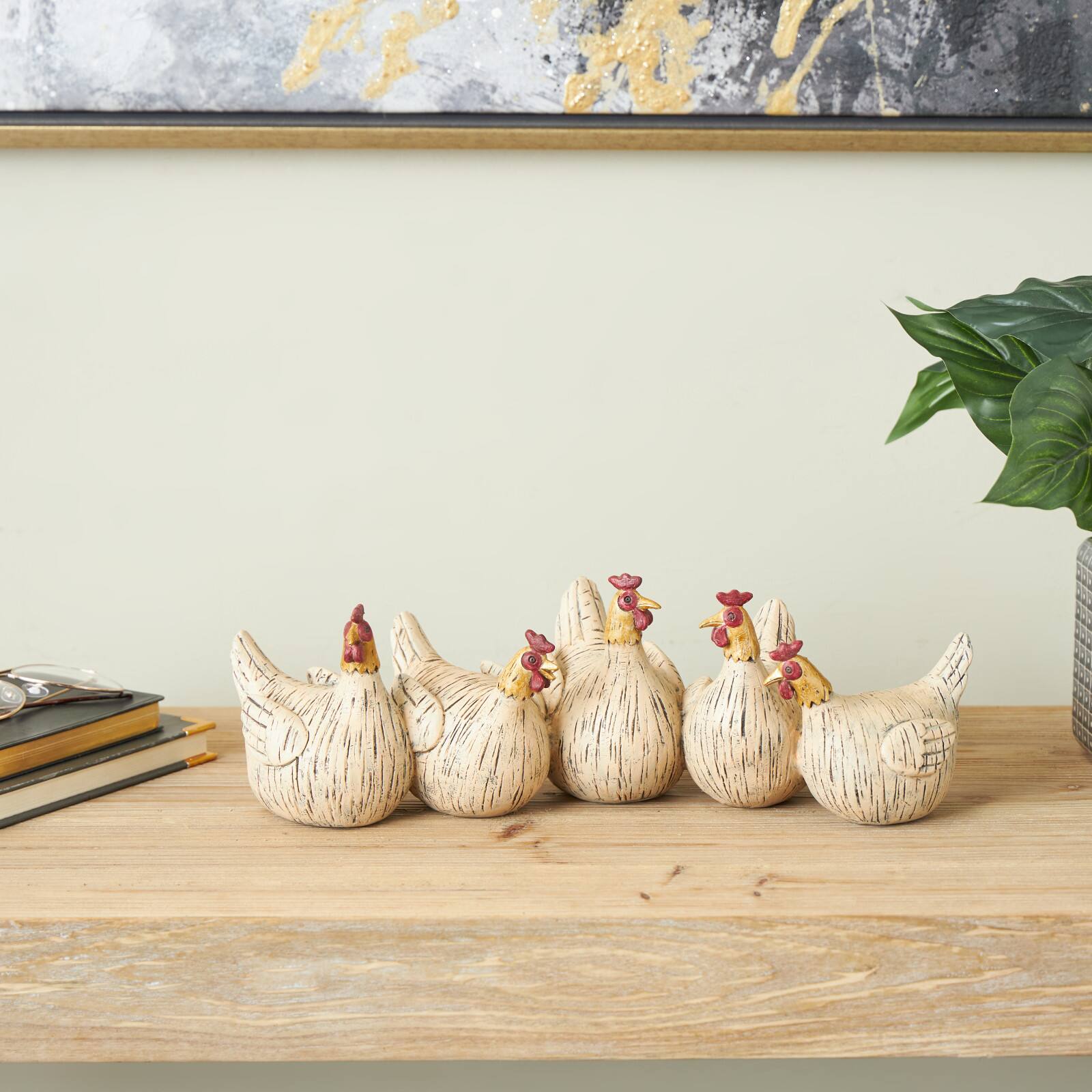 15.25" Beige Polystone Decorative Chicken Sculpture with Gold Heads