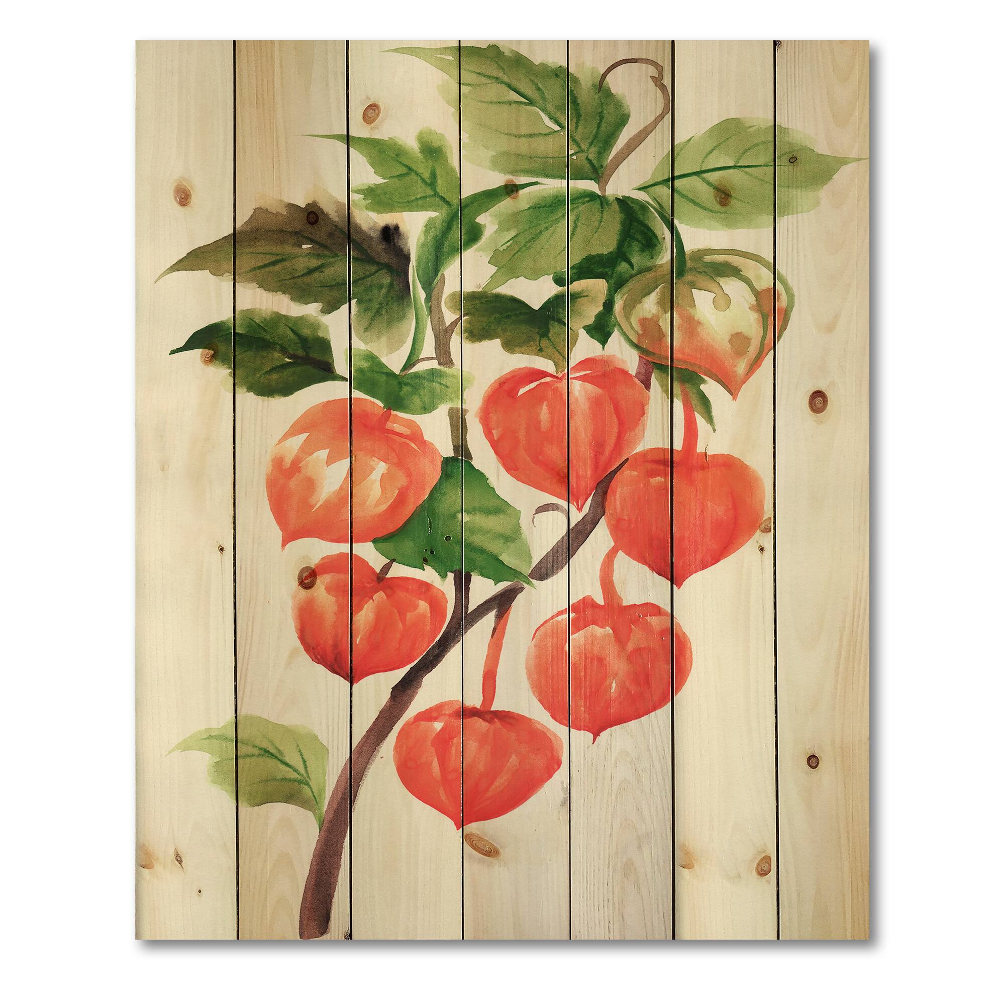 Designart - A Branch of Red Physalis - Traditional Print on Natural Pine Wood