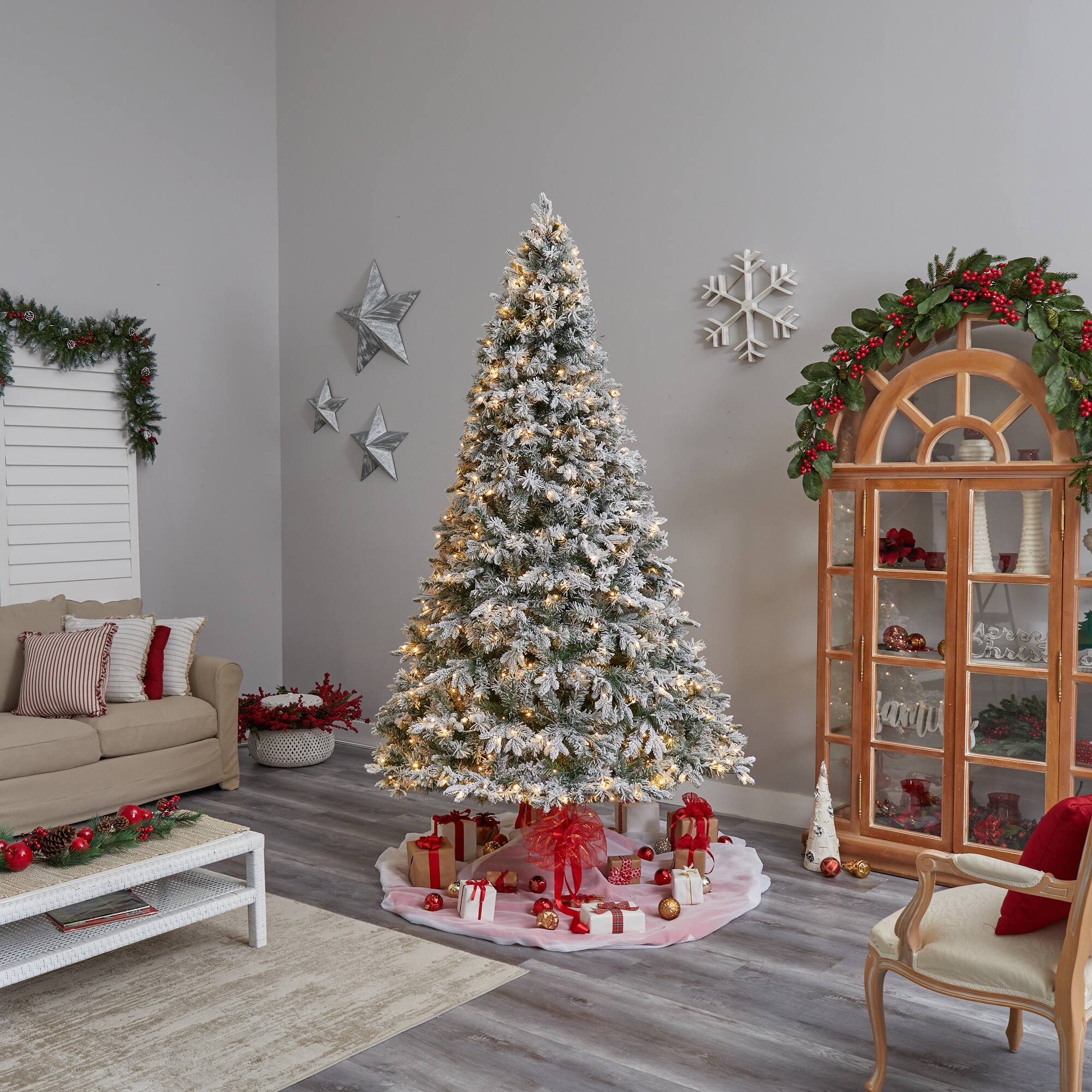 9ft. Pre-Lit Flocked Vermont Mixed Pine Artificial Christmas Tree, Clear LED Lights