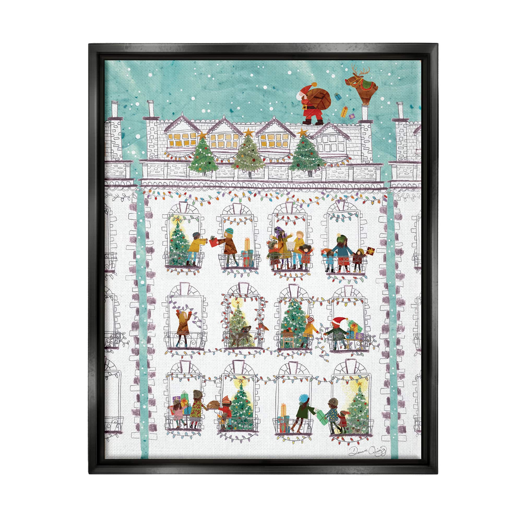 Stupell Industries Santa Claus Gifts City Rooftop Framed Floater Canvas Wall Art