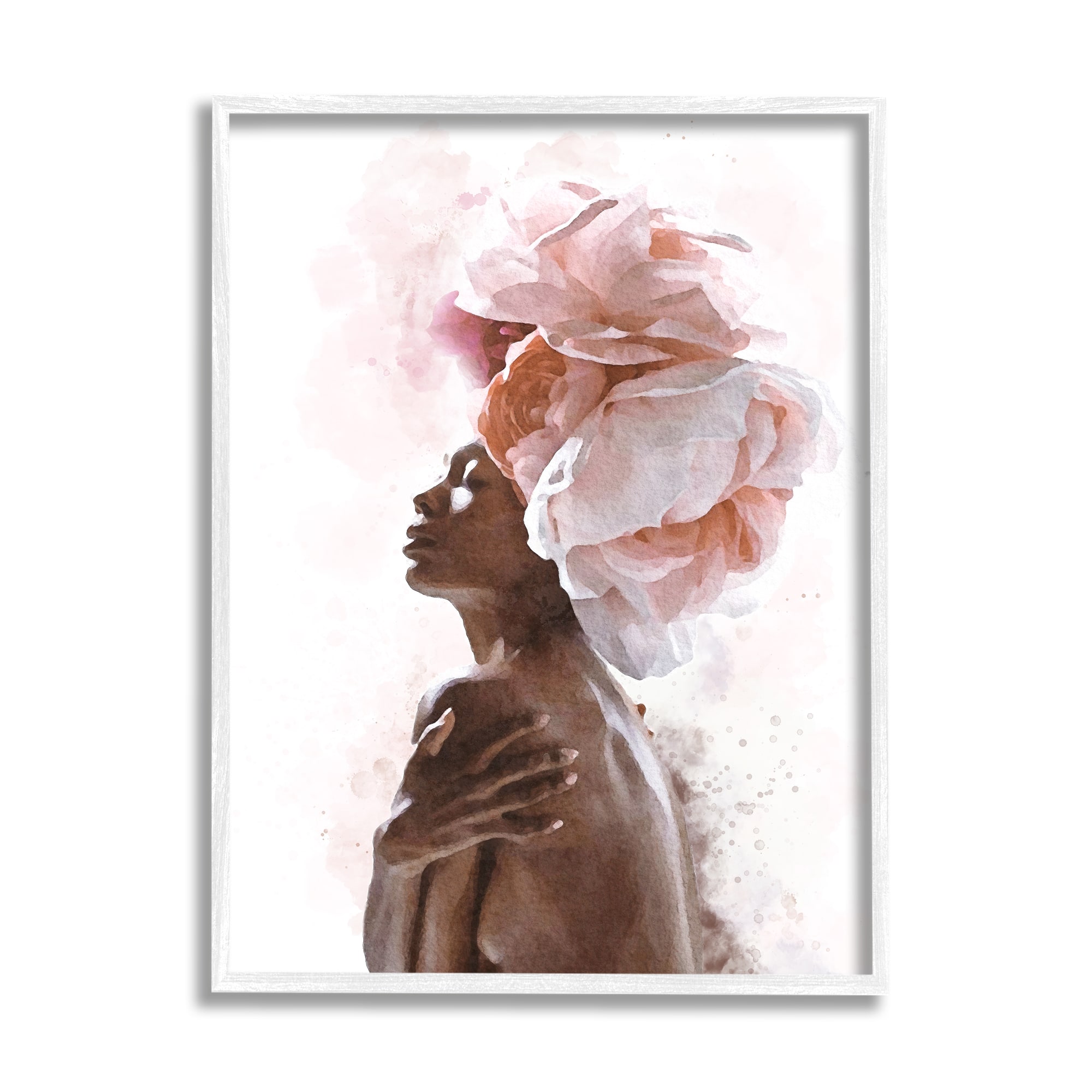 Stupell Industries African American Woman Pink Floral Crown Abstract Portrait in White Frame Wall Art
