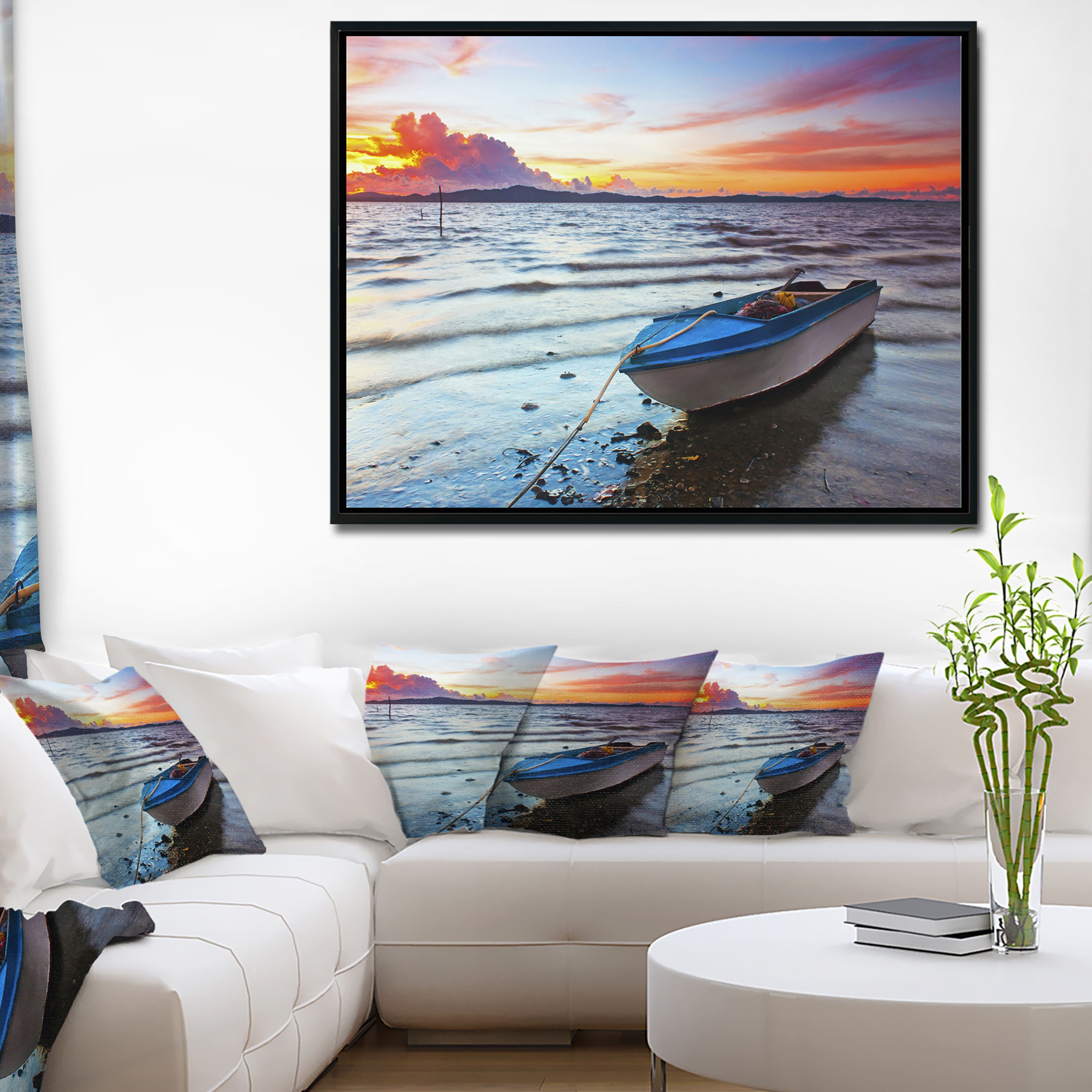 Designart - Boat at the Sunset - Landscape Photography Canvas Print in Black Frame