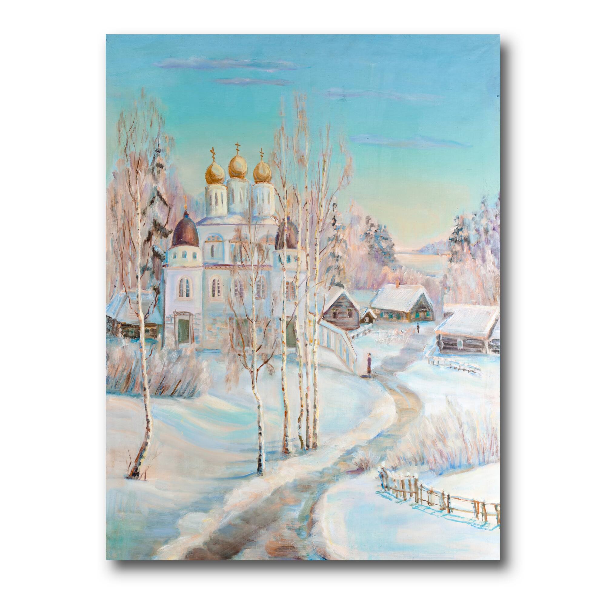 Designart - Country Road In Winter Landscape With Temple - Traditional Canvas Wall Art Print