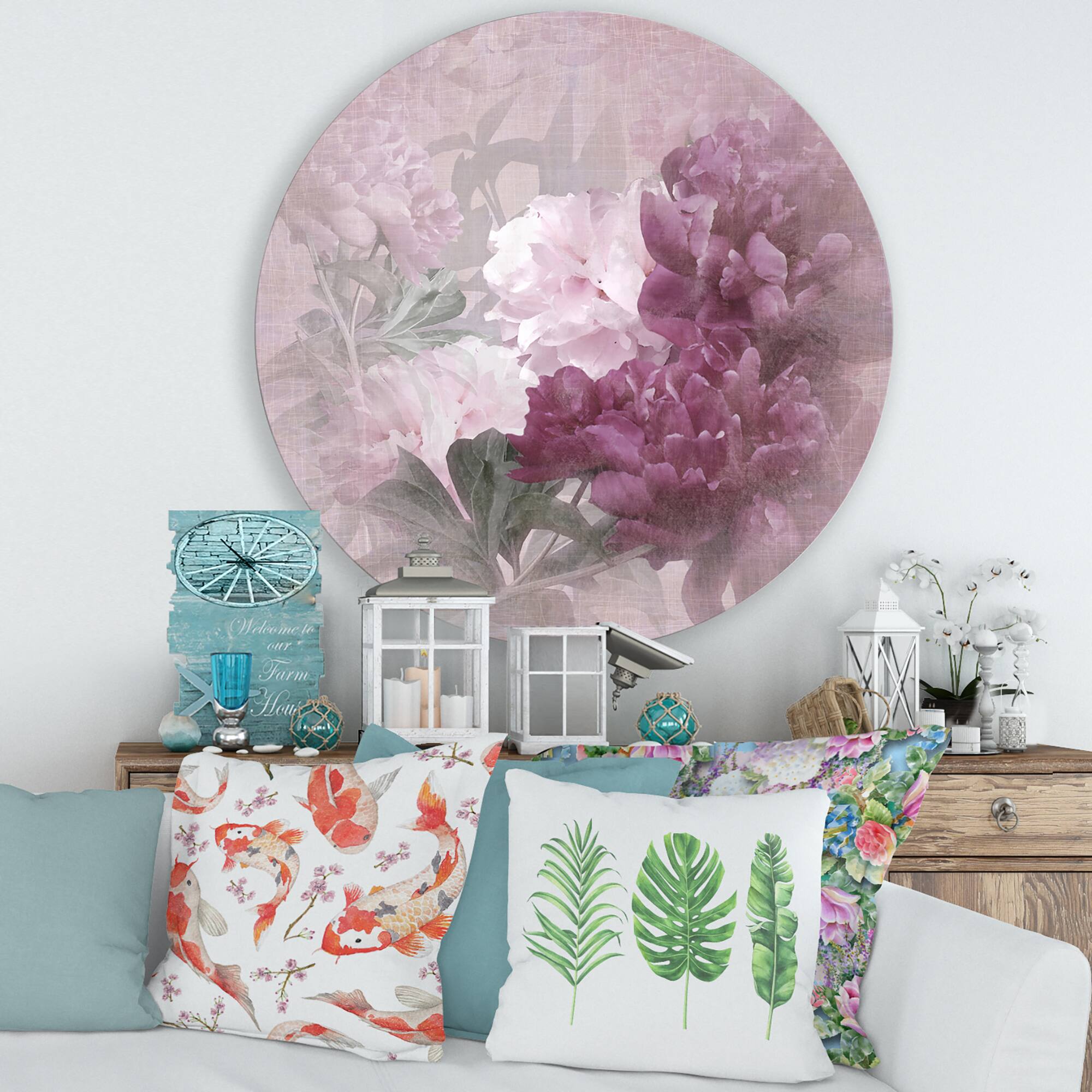 Designart - Vintage Purple and Pink Flowers II - Traditional Metal Circle Wall Art
