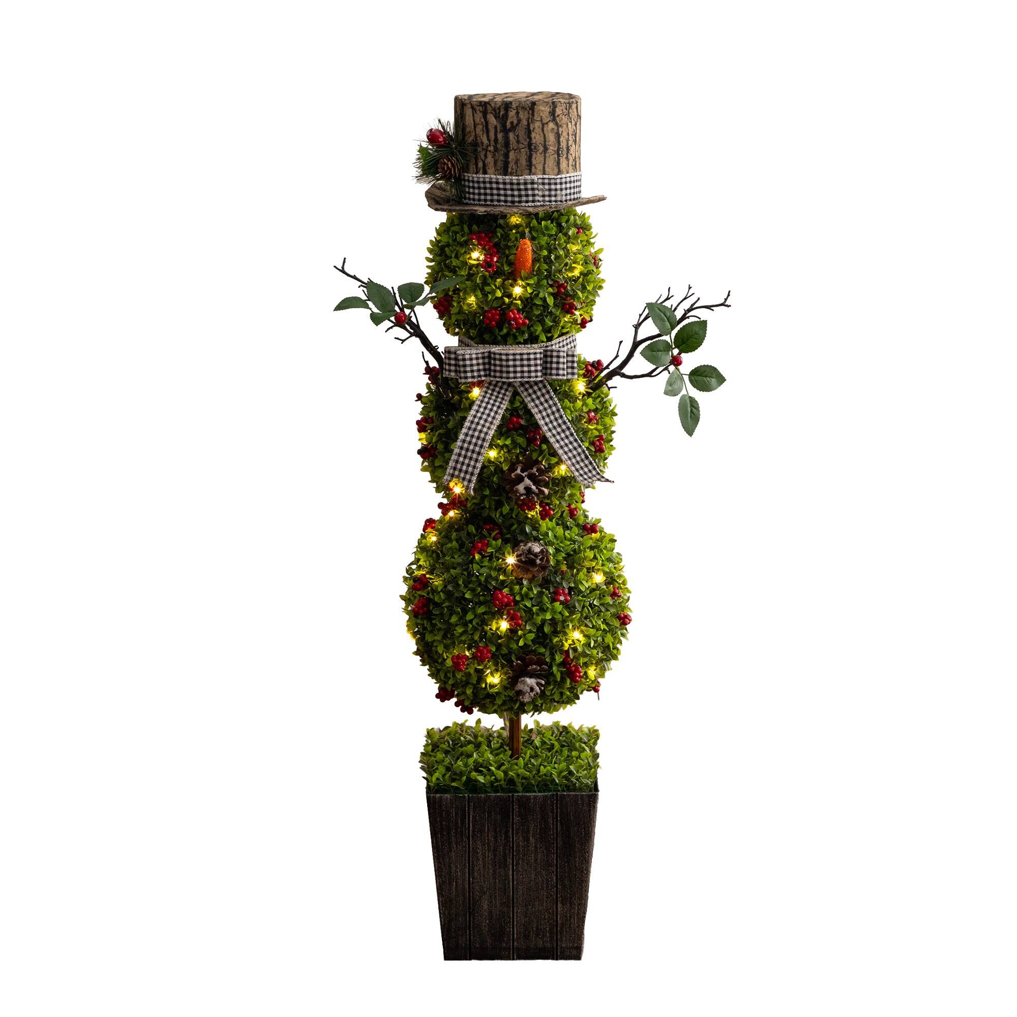 Nearly Natural 3.5ft. Pre-Lit Artificial Christmas Boxwood Snowman Topiary Tree in Decorative Planter