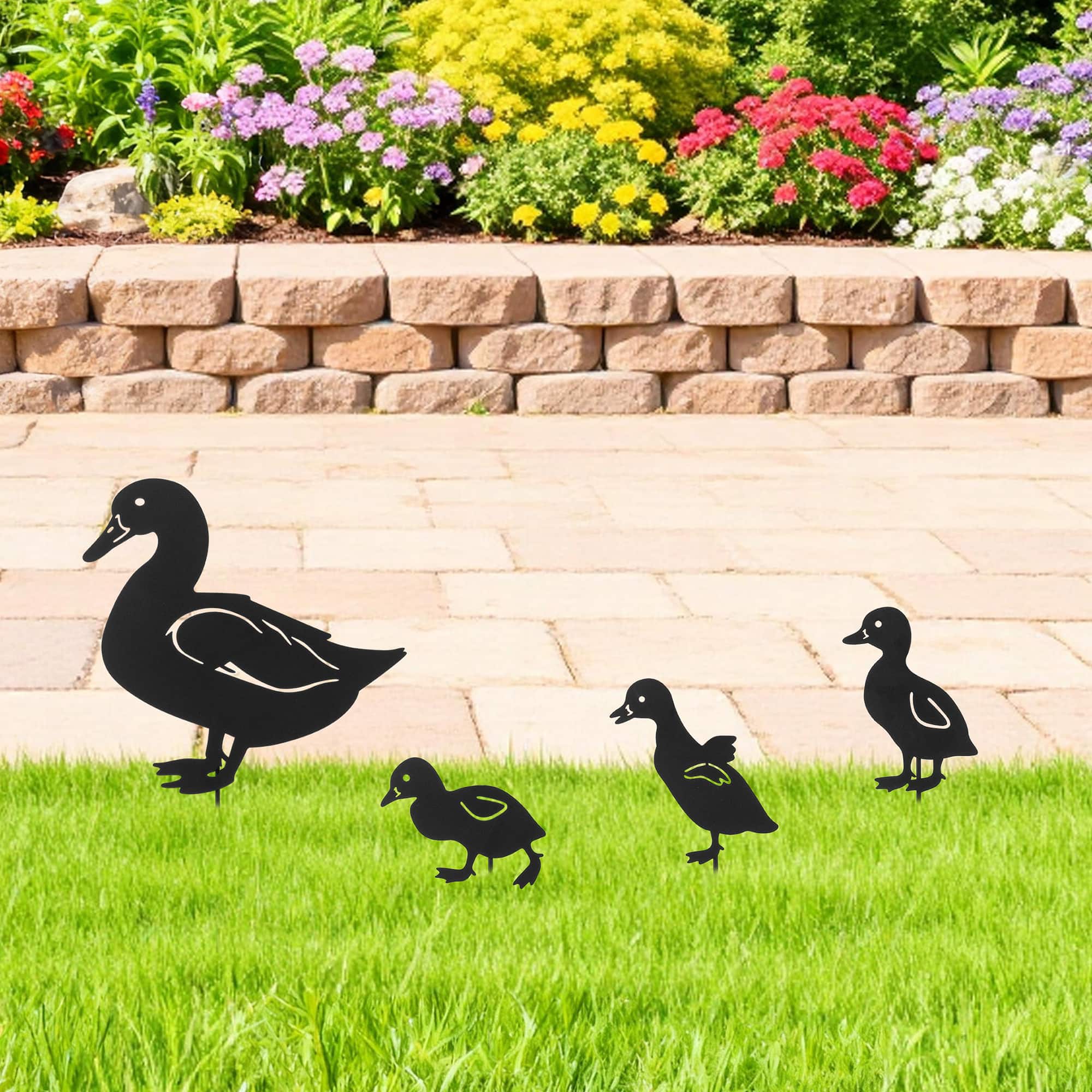 Glitzhome® 18" 2-in-1 Set of 4 Painted Metal Duck Silhouette Garden Picks & Wall Decor