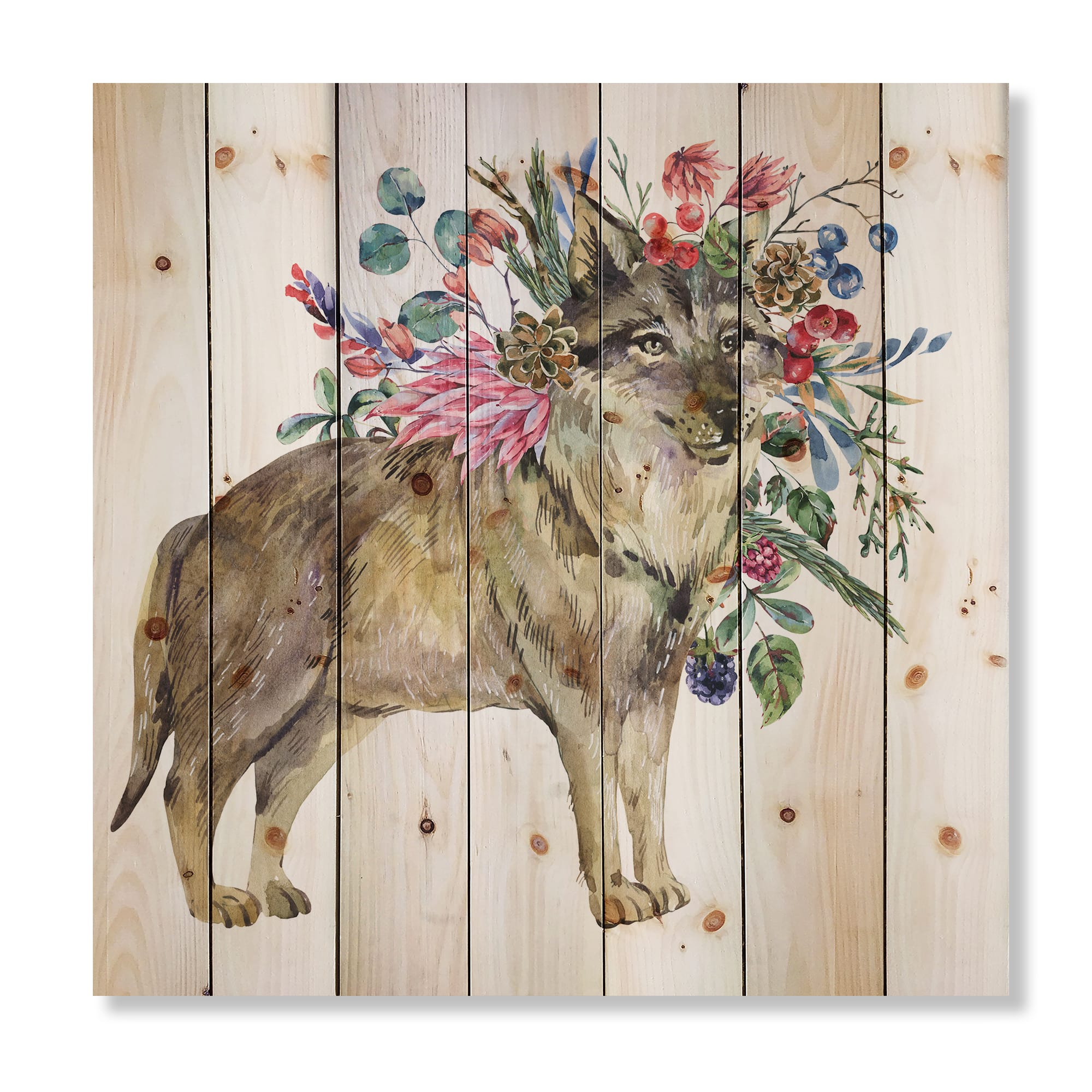 Designart - Wolf With Woodland Flowers - Farmhouse Print on Natural Pine Wood