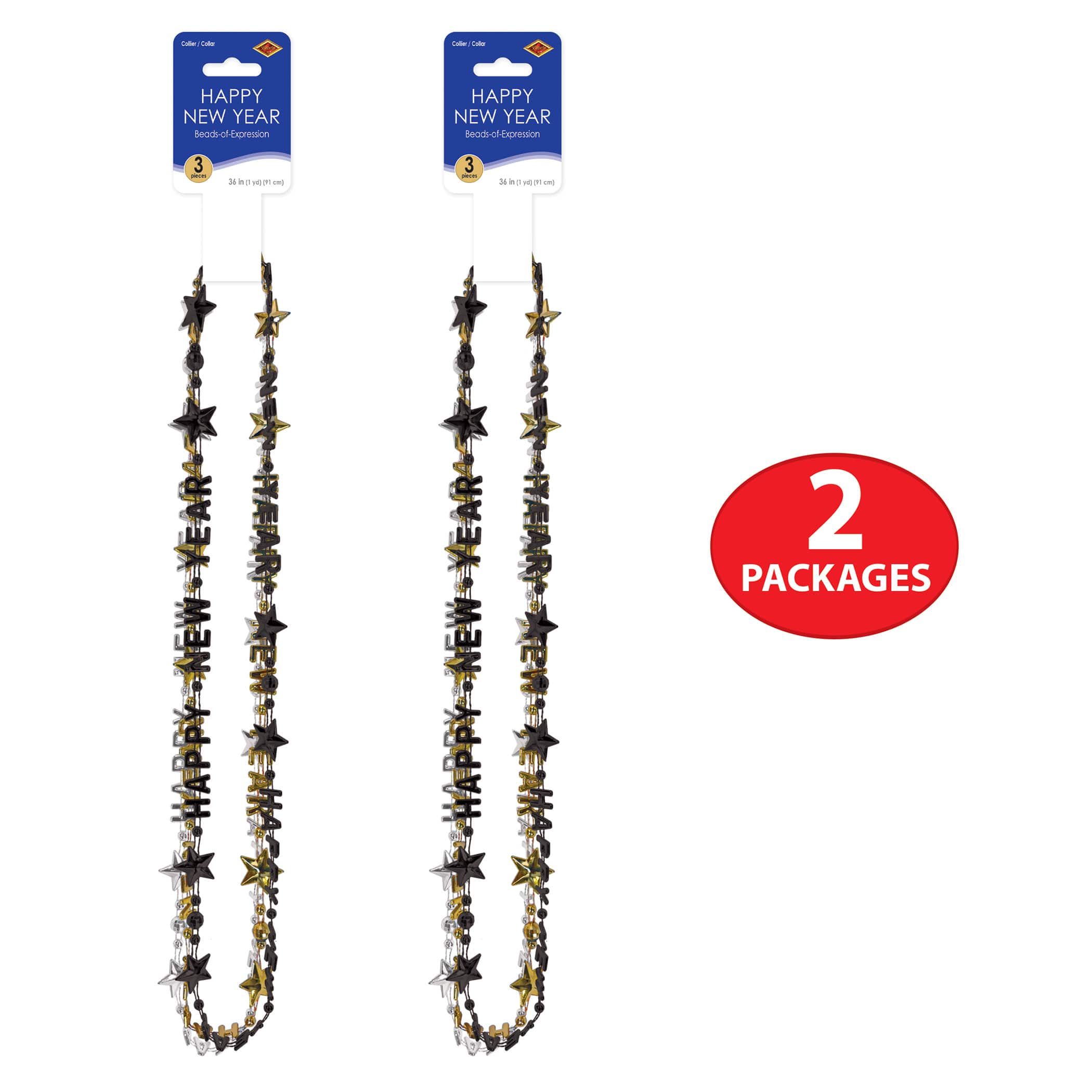 Beistle 36" Black, Gold & Silver Happy New Year Beads-Of-Expression, 2 Packs of 3