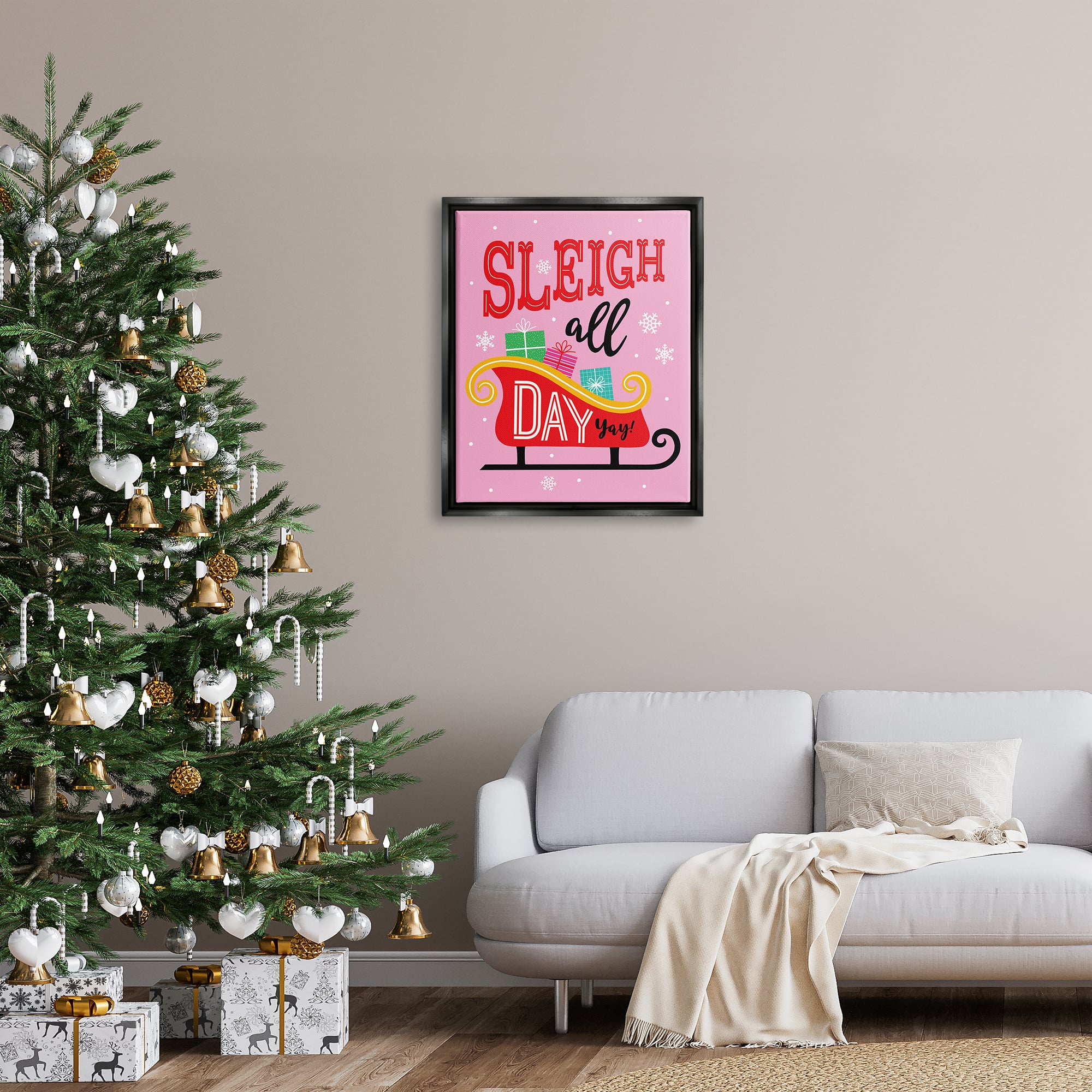 Stupell Industries Sleigh All Day Bold Gift Sled Framed Floater Canvas Wall Art