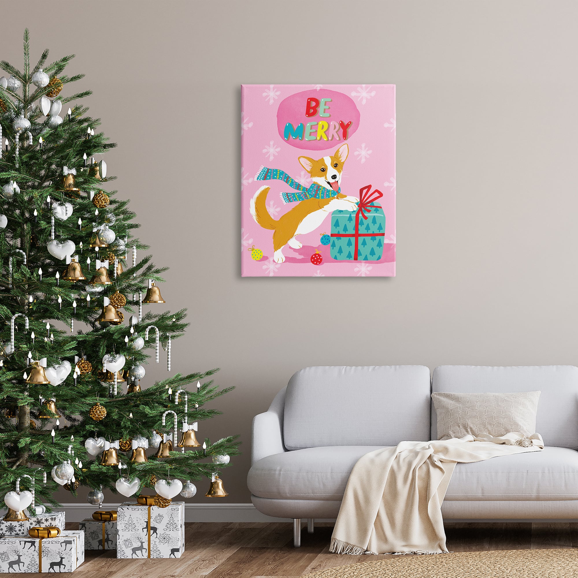 Stupell Industries Be Merry Smiling Puppy Gift Canvas Wall Art