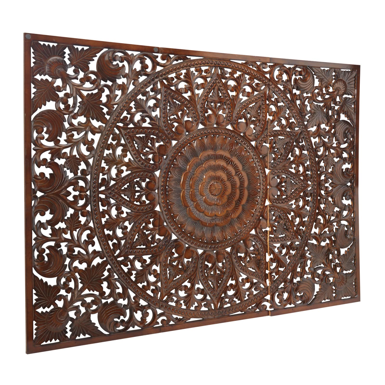 Brown Wood Handmade Intricately Carved Floral Wall Decor with Mandala Design Set of 3 22", 48"
