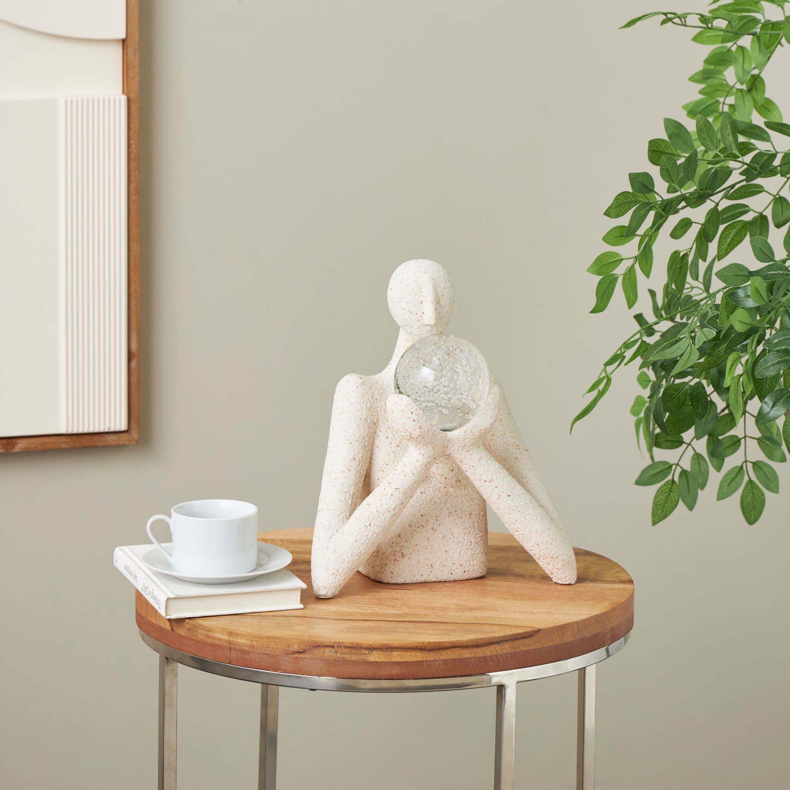 12.75" Cream People Abstract Textured Polystone Sculpture with Clear Glass Ball & Gold Speckles