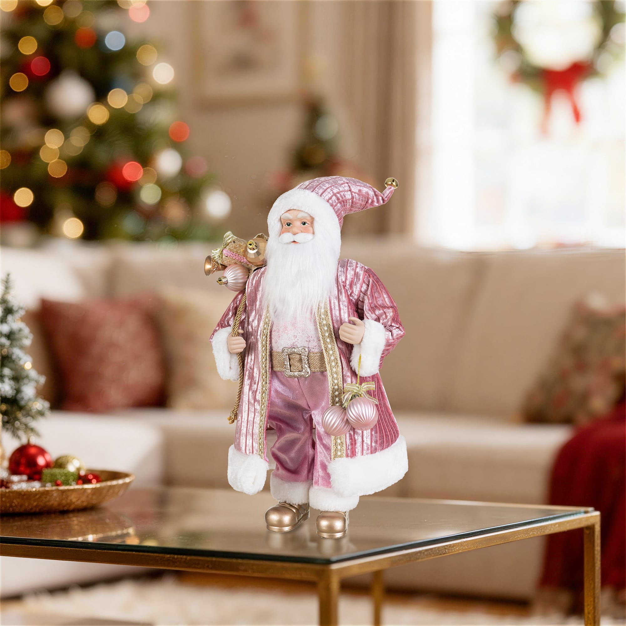 Glitzhome® 18" Faux Fur Deluxe Pink Christmas Santa Figurine with Porcelain Face