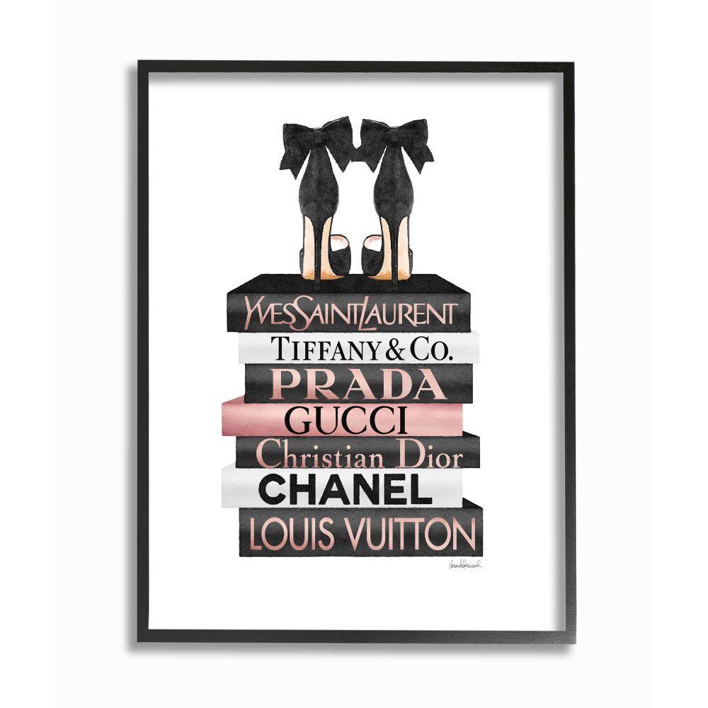 Stupell Industries Elegant Black Bow Heals on Glam Designer Bookstack Framed Wall Art