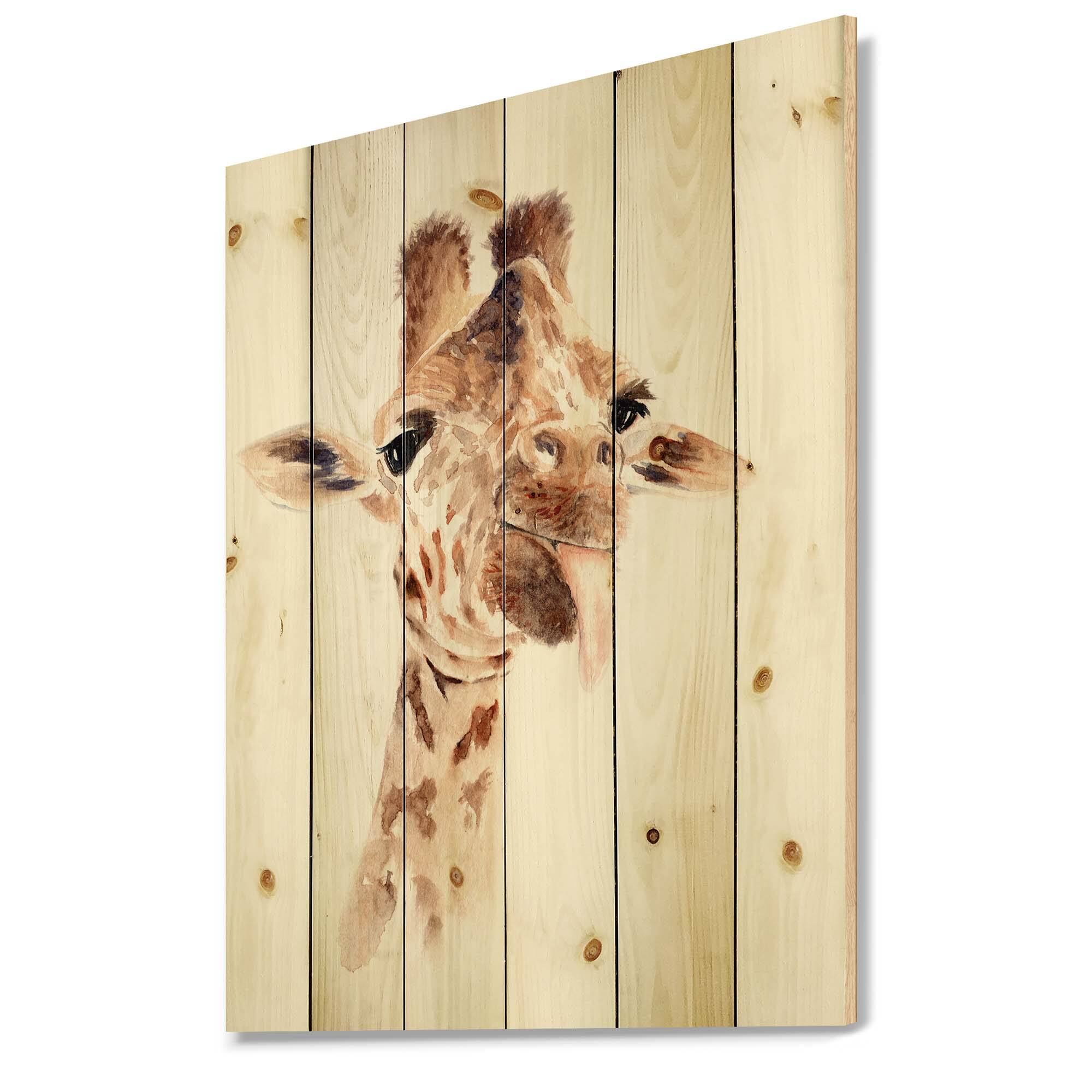Designart - Portrait of A Giraffe VIII - Farmhouse Print on Natural Pine Wood