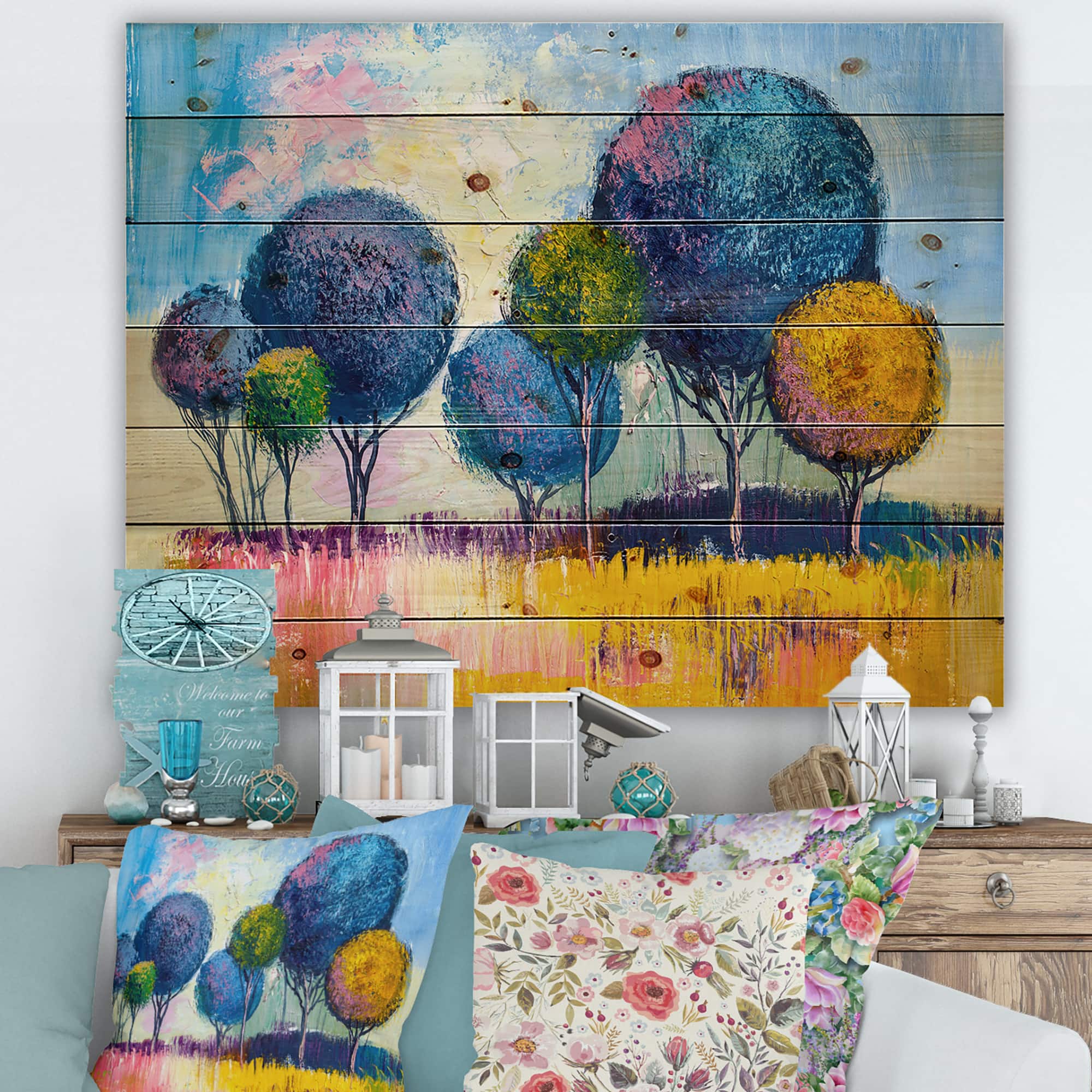 Designart - Autumn Fantasy Trees III - Modern Print on Natural Pine Wood