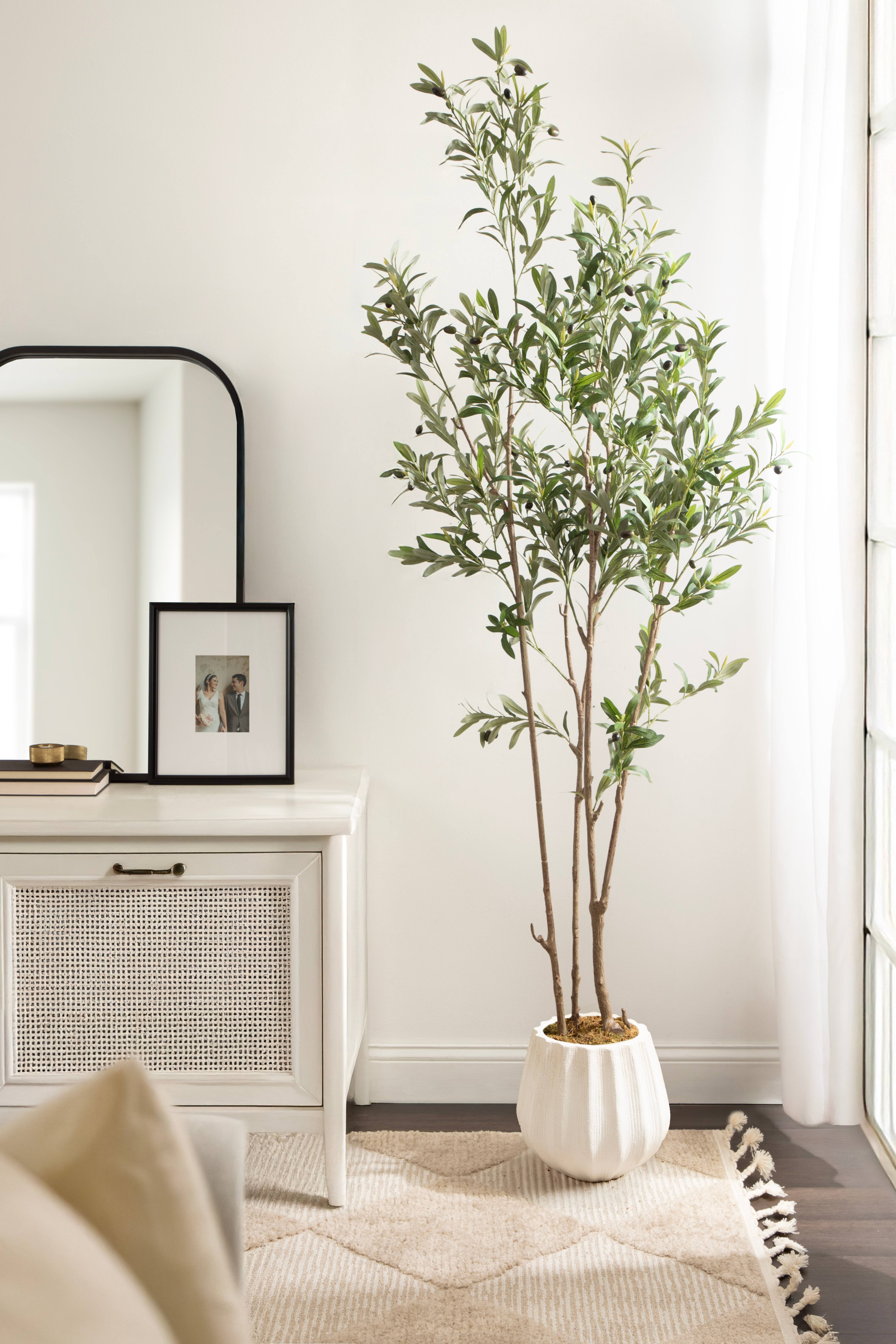 Kate and Laurel 7ft. Oliveira Faux Olive Tree with Claudel Scalloped Planter