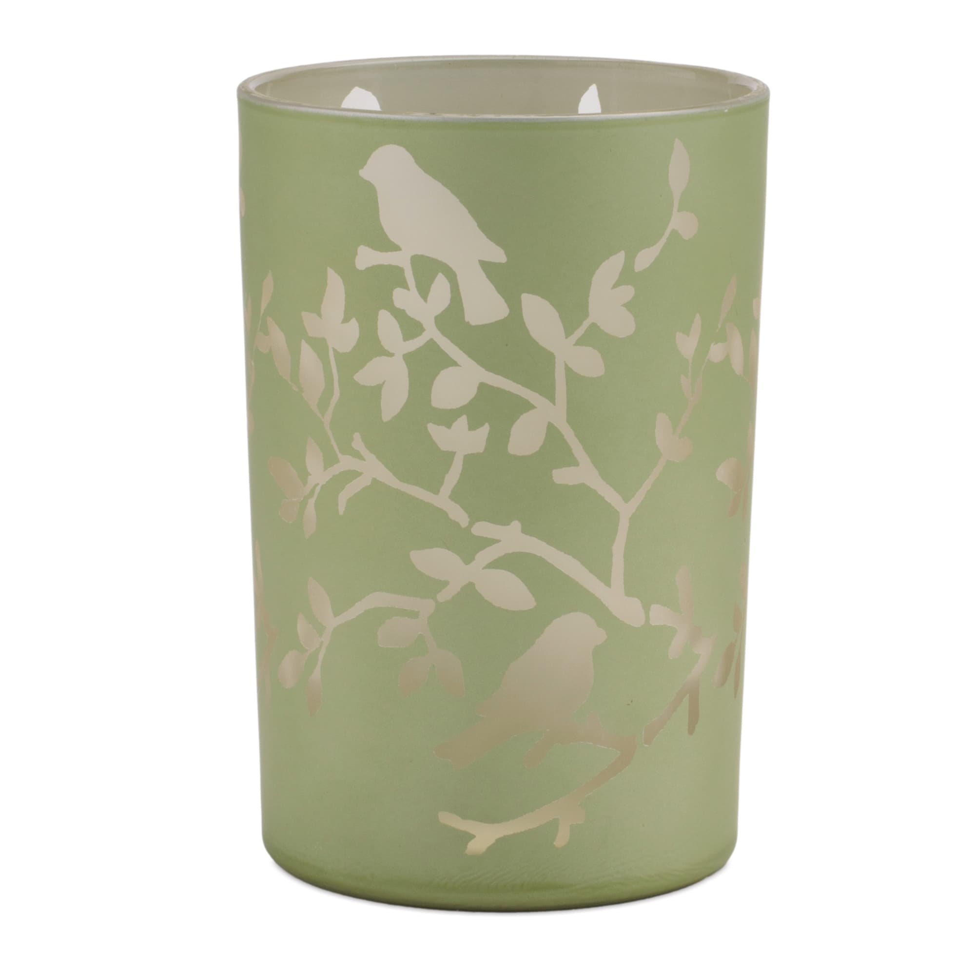 Green & Gold Frosted Floral Bird Candle Holder Set