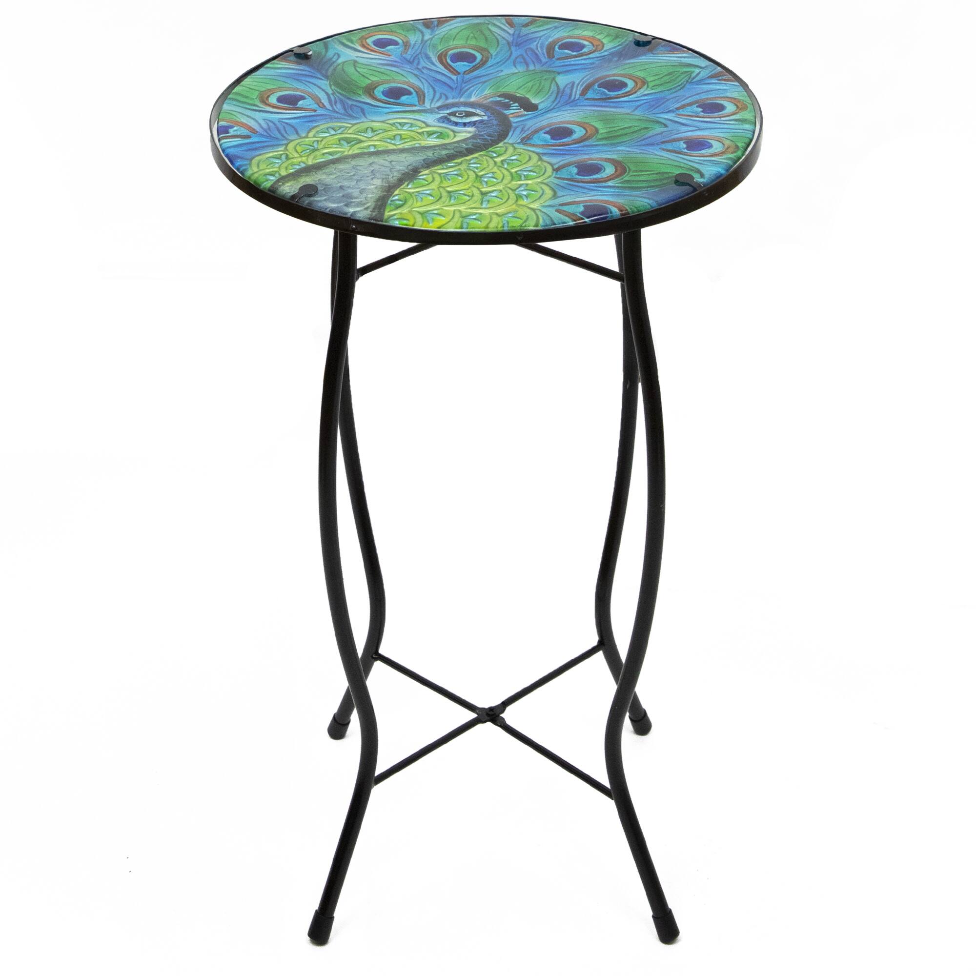 19" Blue & Green Peacock Glass Patio Side Table