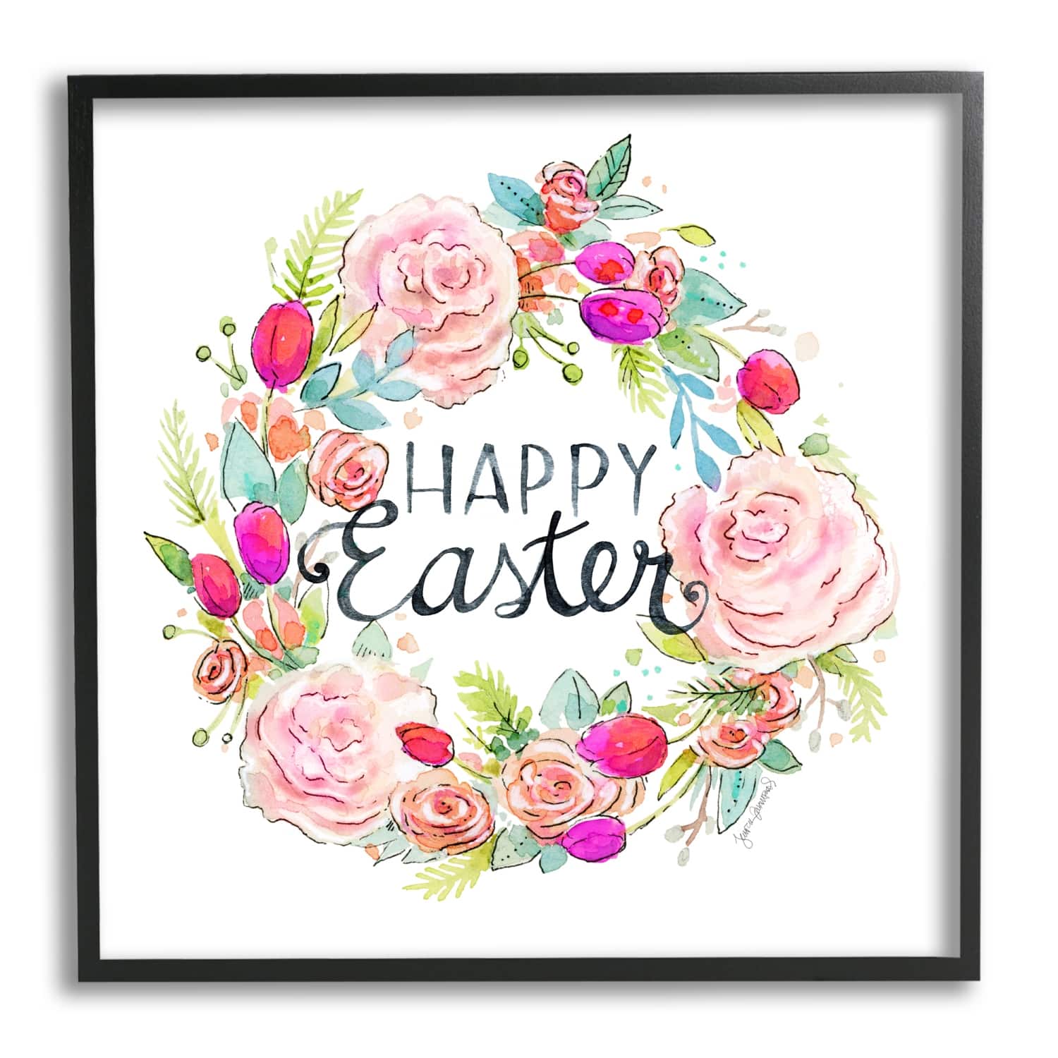 Stupell Industries Happy Easter Vivid Pink Floral Blossom Border Framed Giclee Art