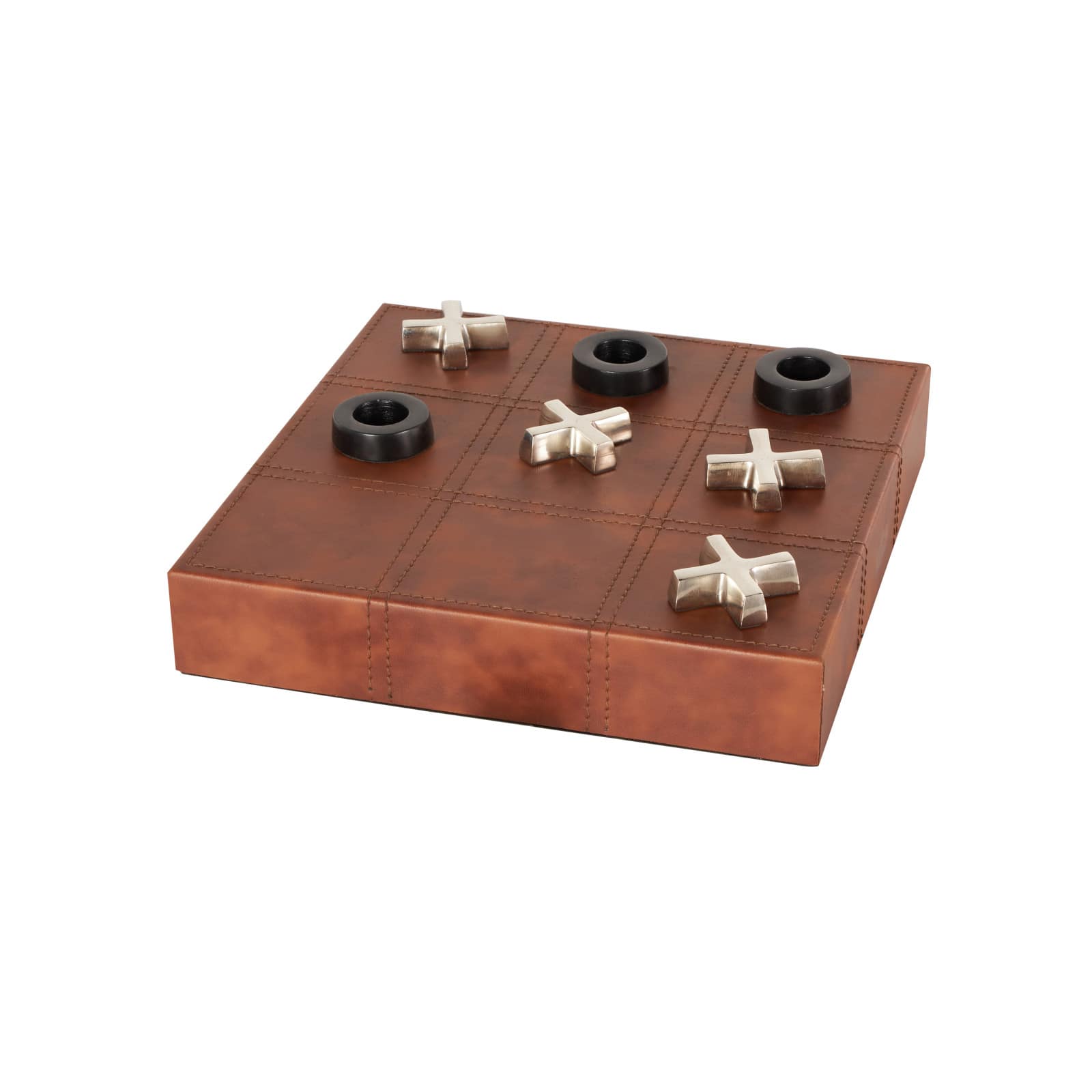 12" Brown Faux Leather Tic Tac Toe Game Set