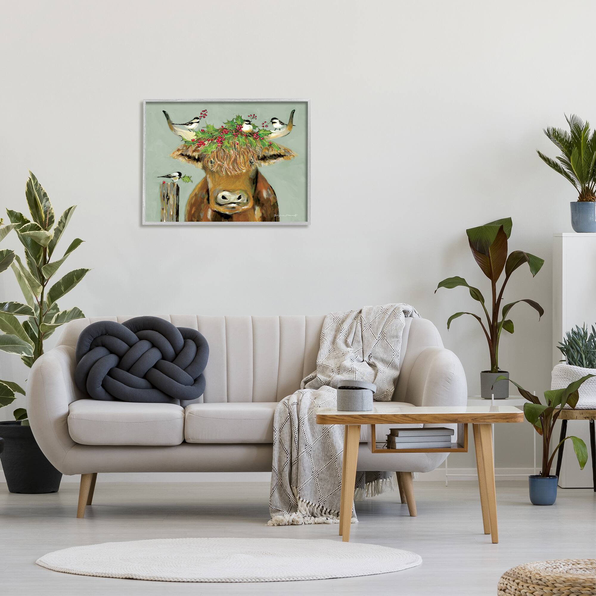 Stupell Industries Cattle & Birds Holiday Holly Framed Giclee Art