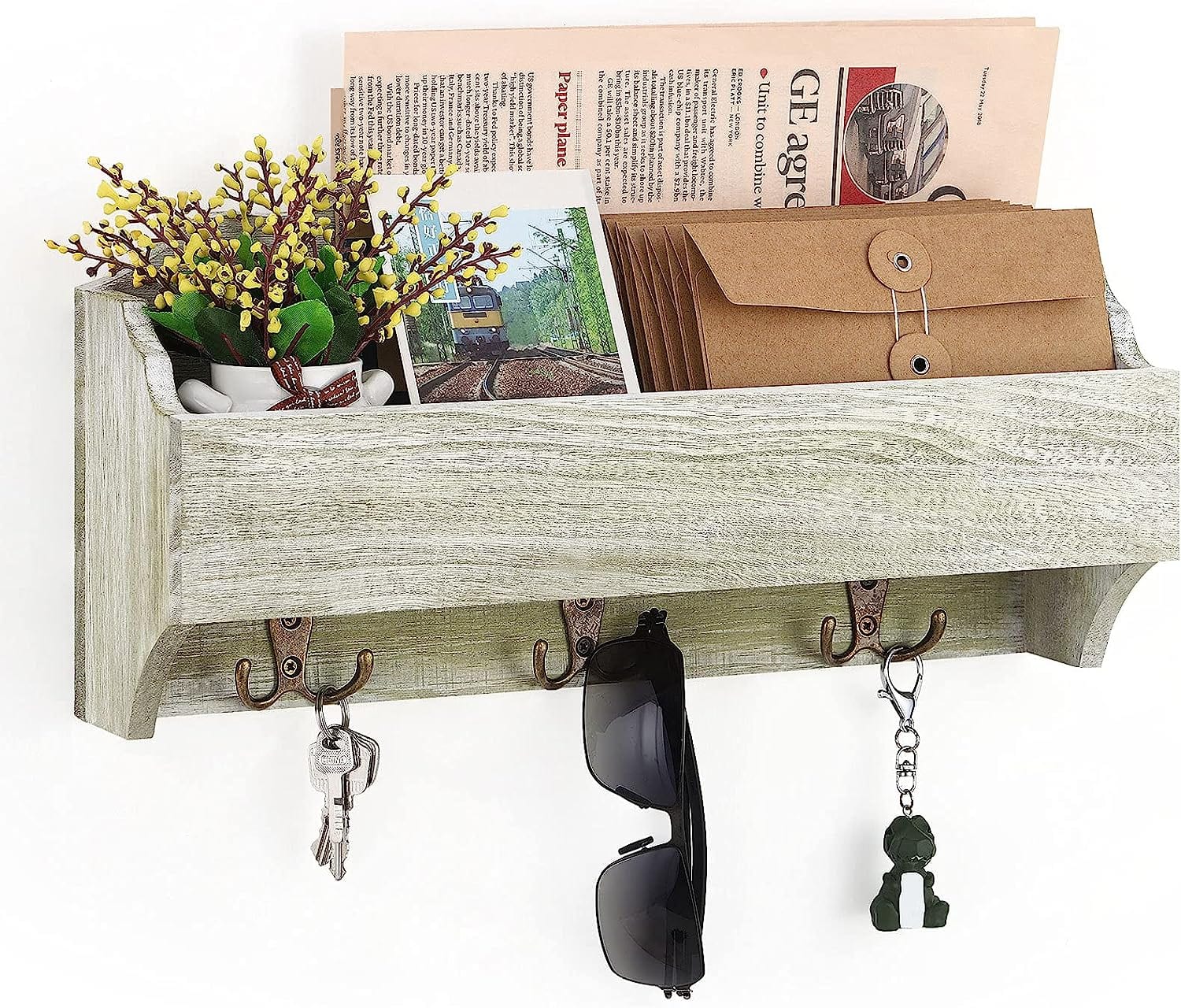 NEX™ Olive Green Wall-Mounted Wooden Key Rack with 3 Double Key Hooks