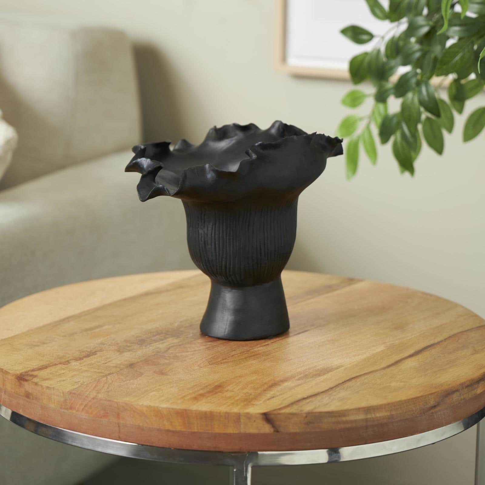 9" Black Ceramic Abstract Floral Inspired Vase with Linear Grooves