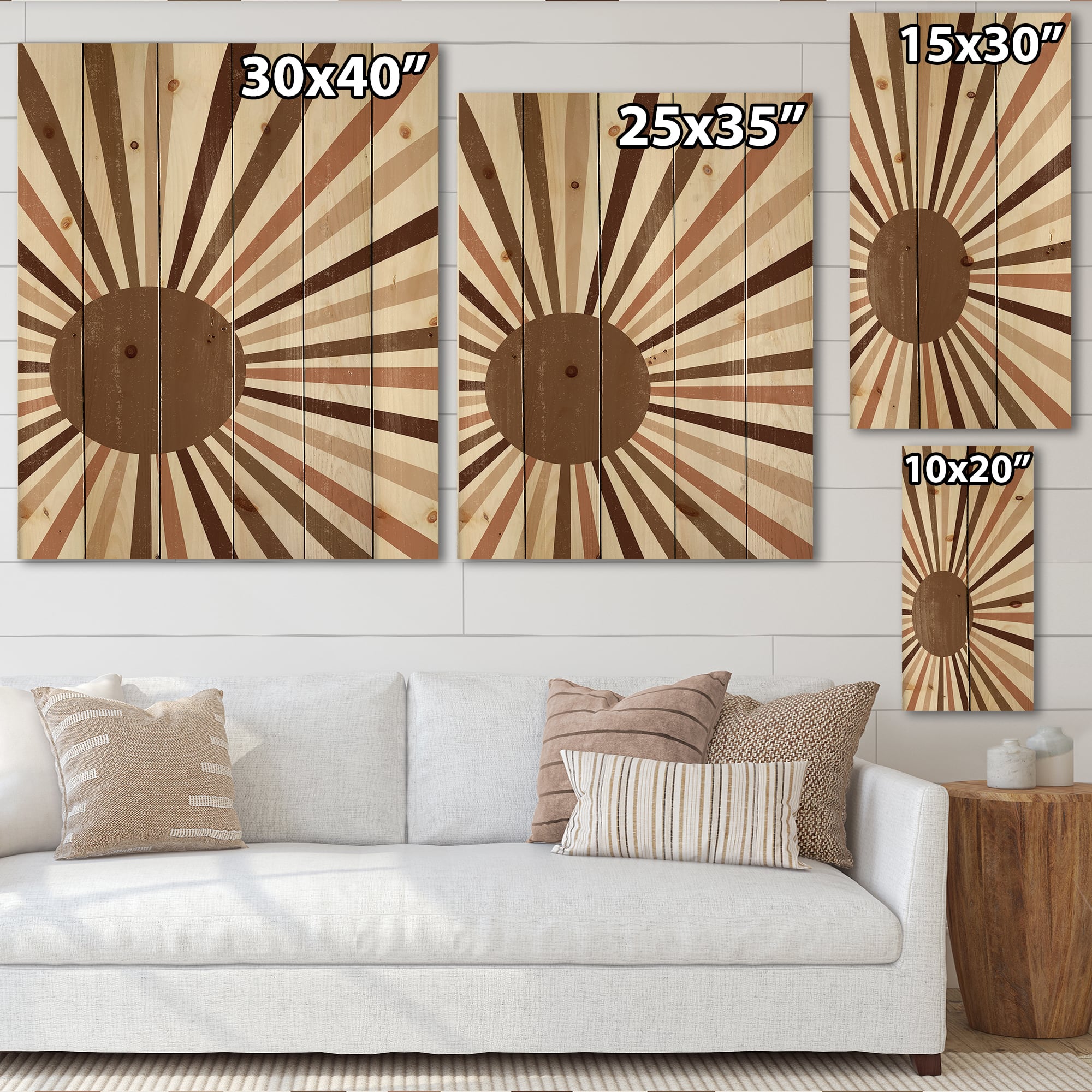 Designart - Minimalist Bright Shining Terracotta Sun Rays - Modern Print on Natural Pine Wood