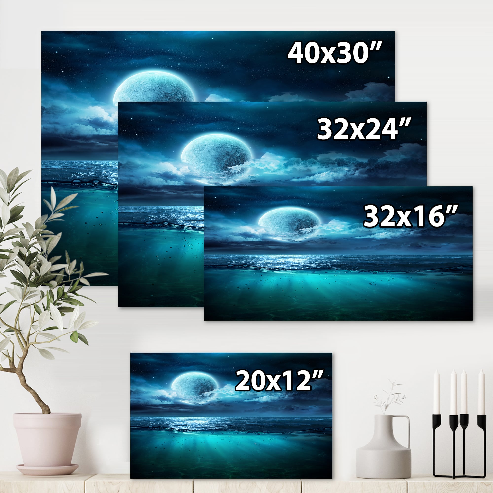 Designart - Romantic Moon Over Deep Blue Sea II - Nautical & Coastal Canvas Wall Art Print