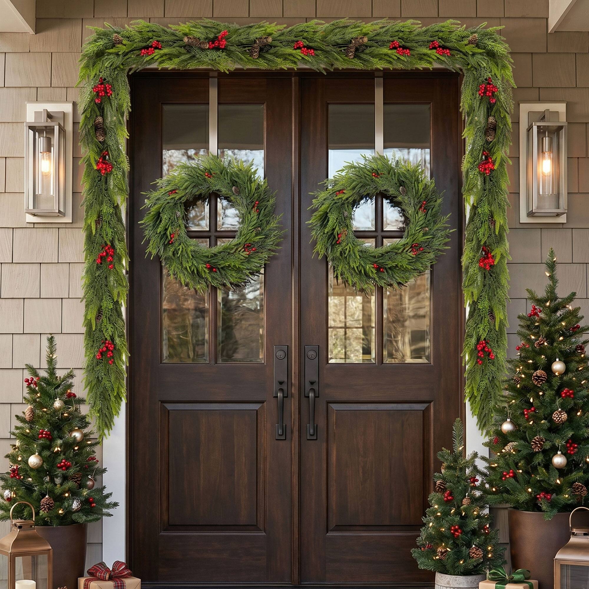 Glitzhome® 18ft. Christmas PE Dripping Garland with Pinecones and Red Berries, Set of 2
