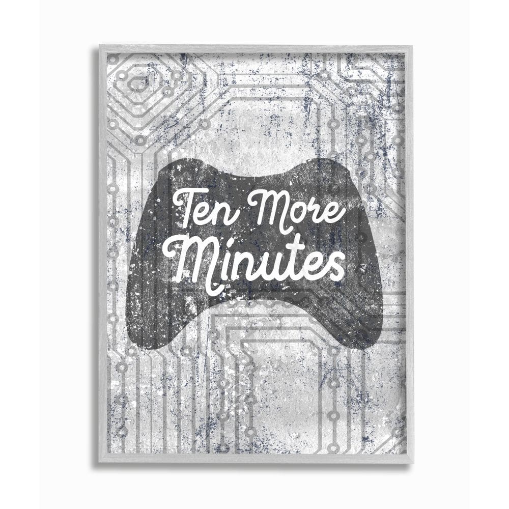 Stupell Industries Ten More Minutes Video Game Controller Gaming Grey White Words Framed Wall Art