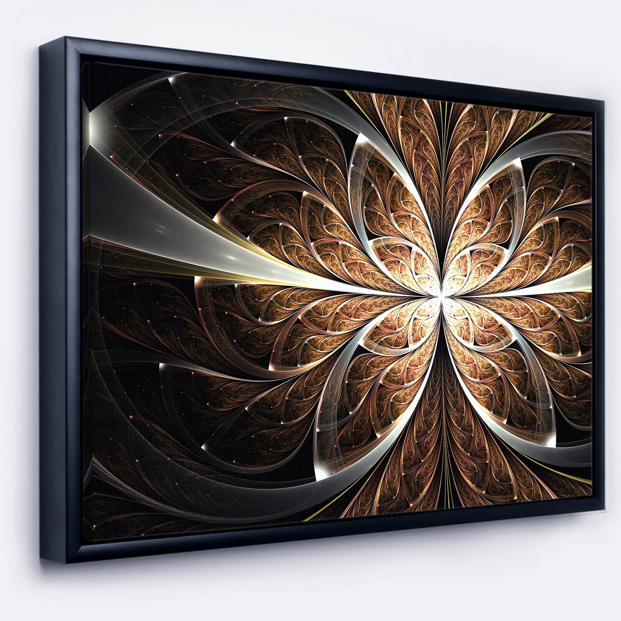 Designart - Fractal Flower Brown Black Digital Art - Floral Canvas Art Print in Black Frame