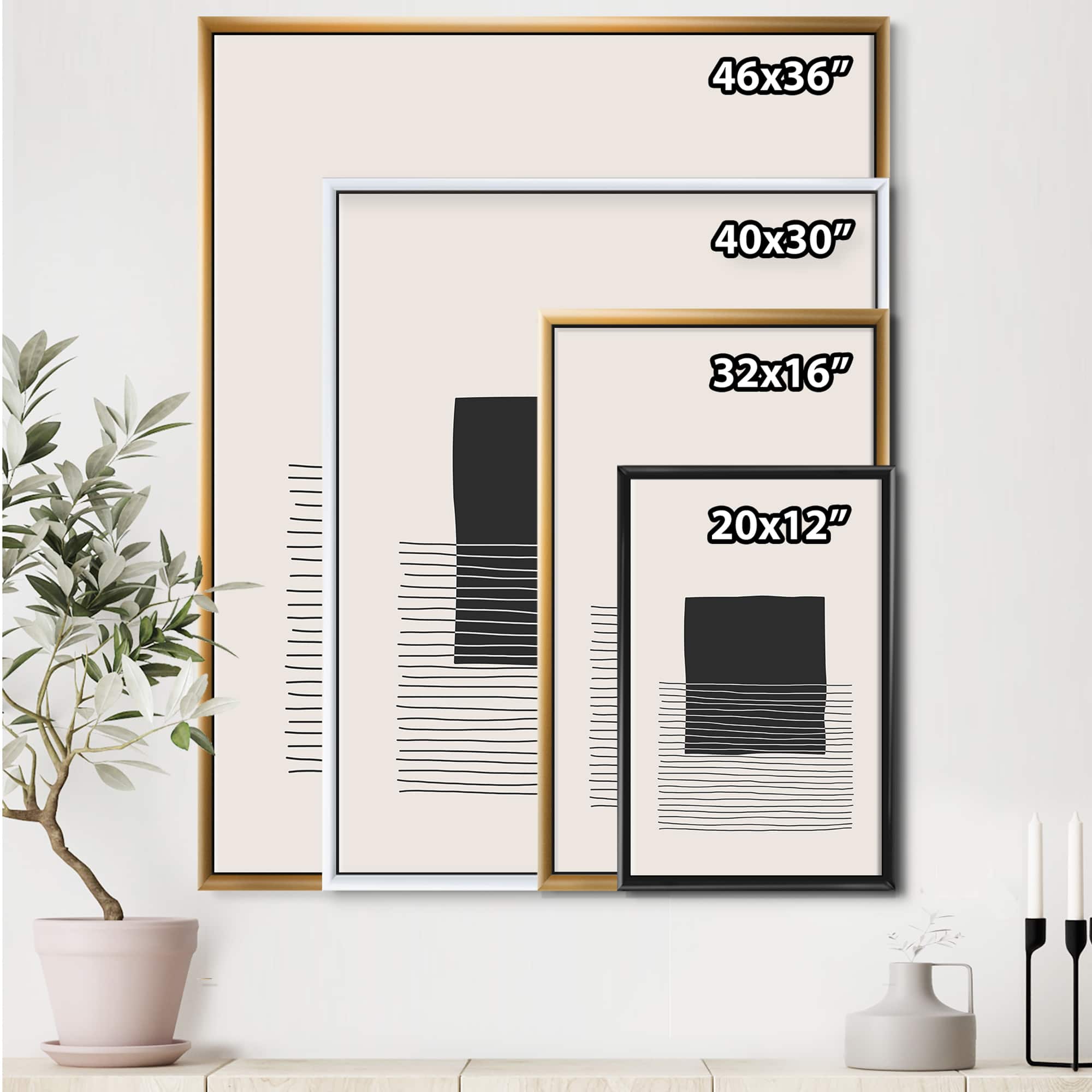 Designart - Minimal Geometric Lines And Squares VIII - Modern Canvas Wall Art Print in Black Frame
