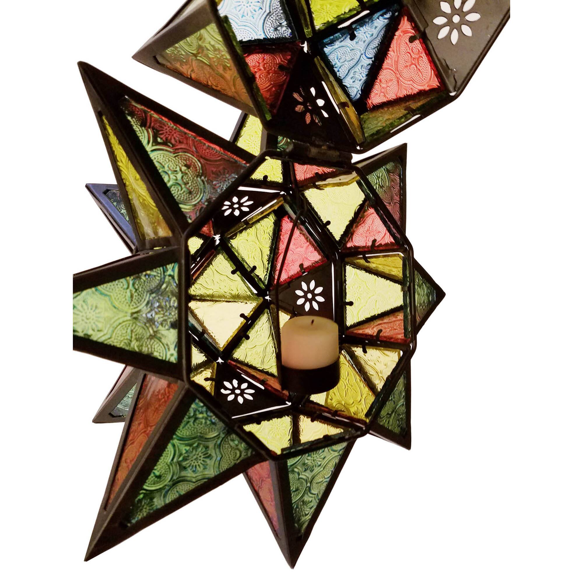 14" Jewel Toned Moroccan Style Hanging Star Candle Lantern