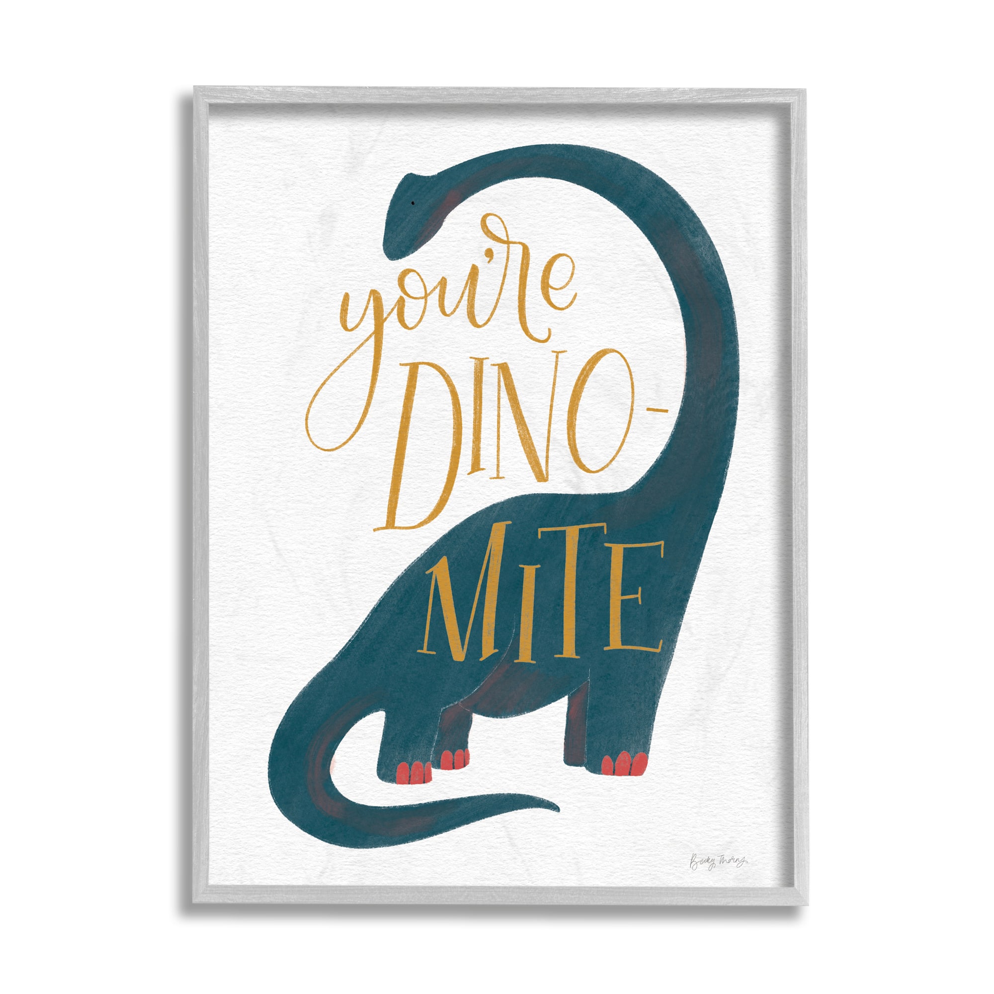 Stupell Industries You're Dino-Mite Phrase Blue Long Neck Dinosaur in Gray Frame Wall Art