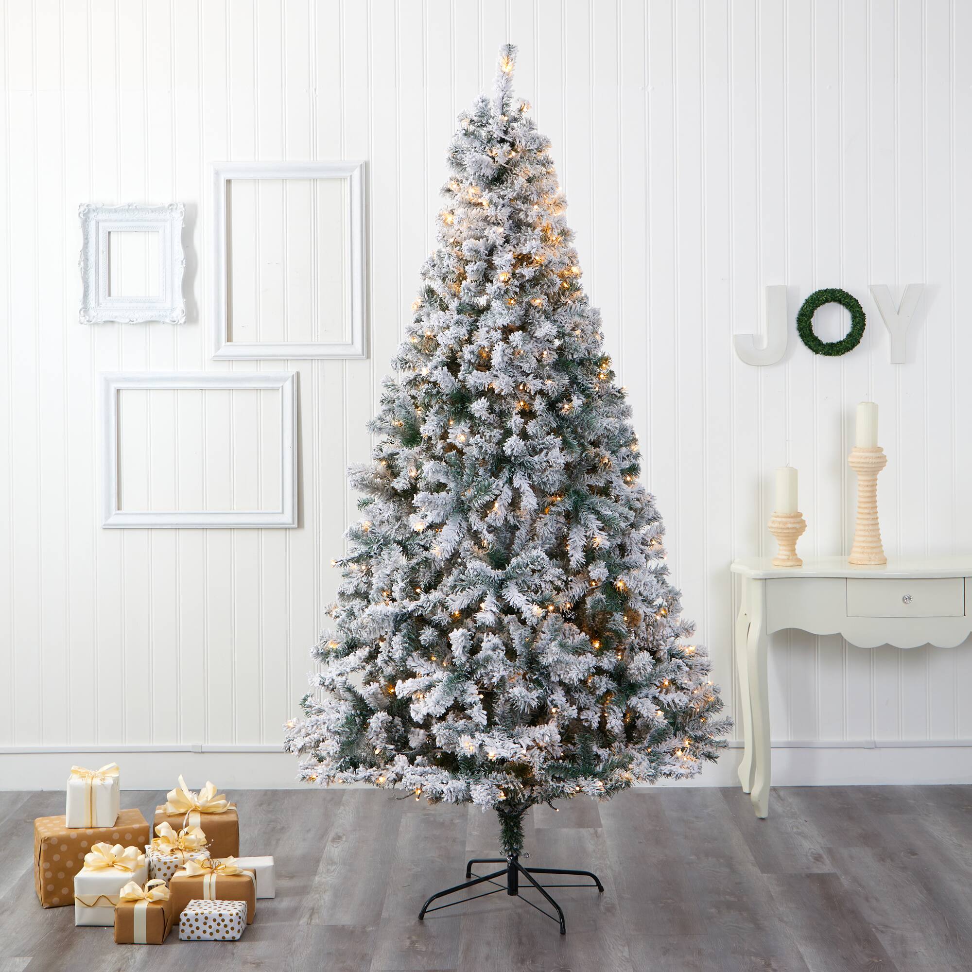 8ft. Pre-Lit Flocked Rock Springs Spruce Artificial Christmas Tree with Clear LED Lights