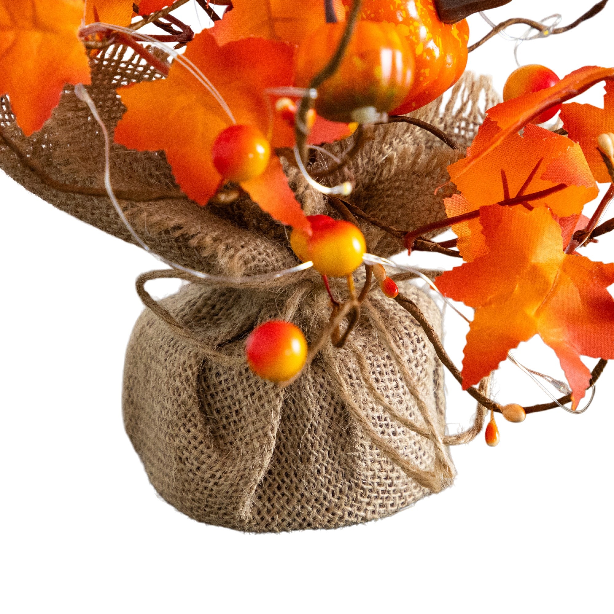 18in. Pre-Lit Artificial Maple Tree with Pumpkin Ornaments and 30 LED String Lights in Burlap Wrapped Base