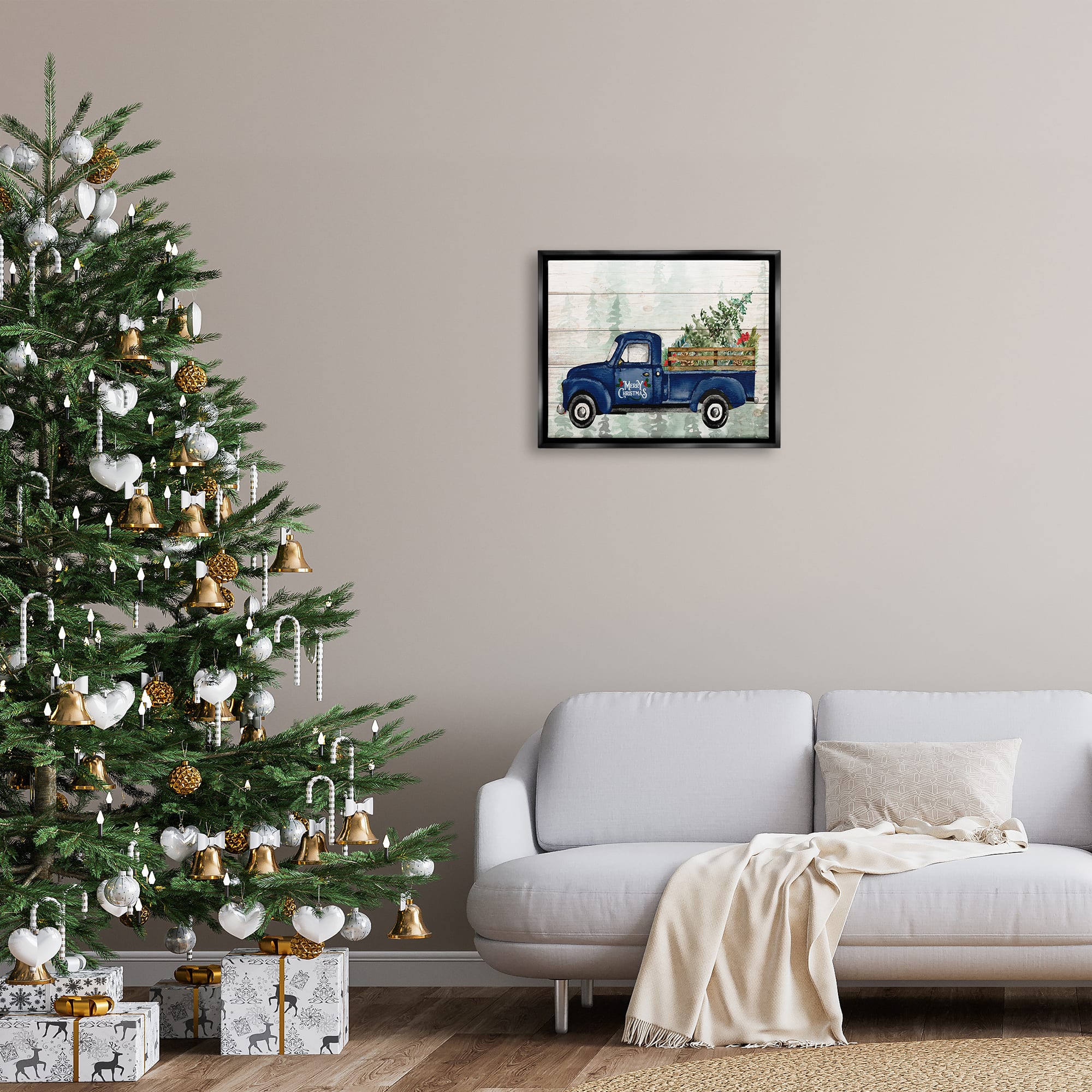 Stupell Industries Merry Christmas Blue Holiday Truck Framed Floater Canvas Wall Art