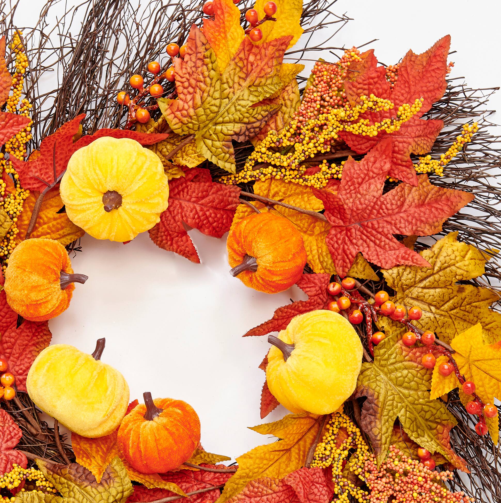 22" Pumpkin & Maple Leaf Fall Wreath on Twig Base