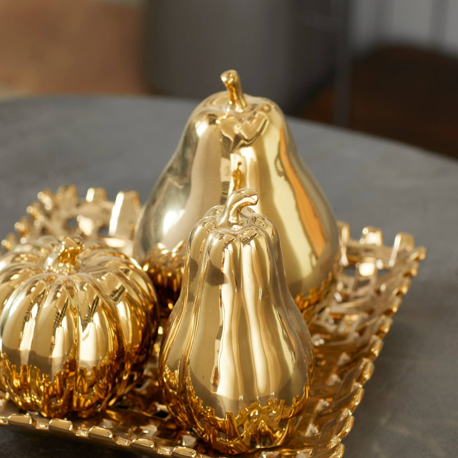 Set of 4 Gold Stoneware Glam Fruit Sculpture, 11" x 8"