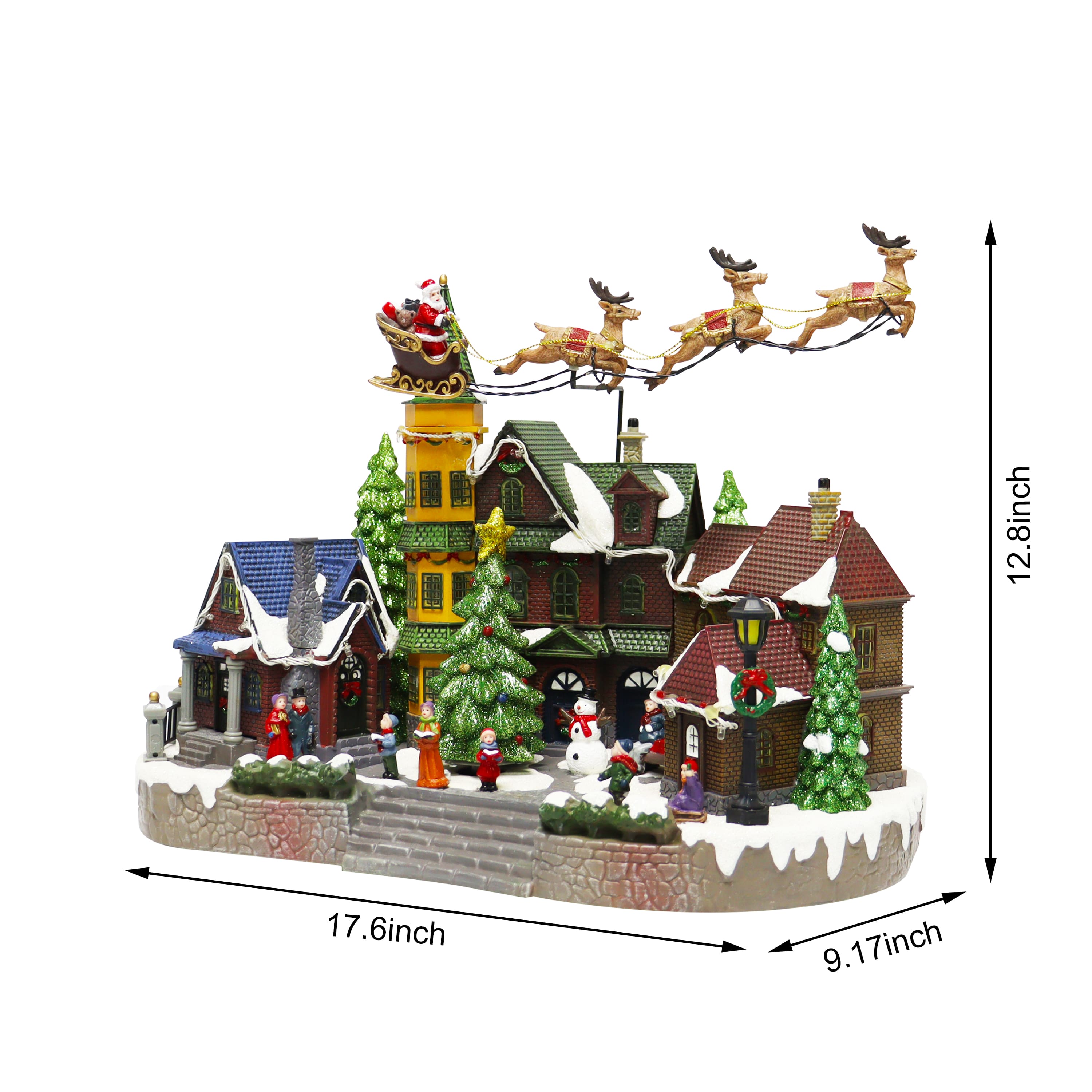 Moments in Time 12.8" Animated Santa Riding Sleigh Flying Over Town Center Décor