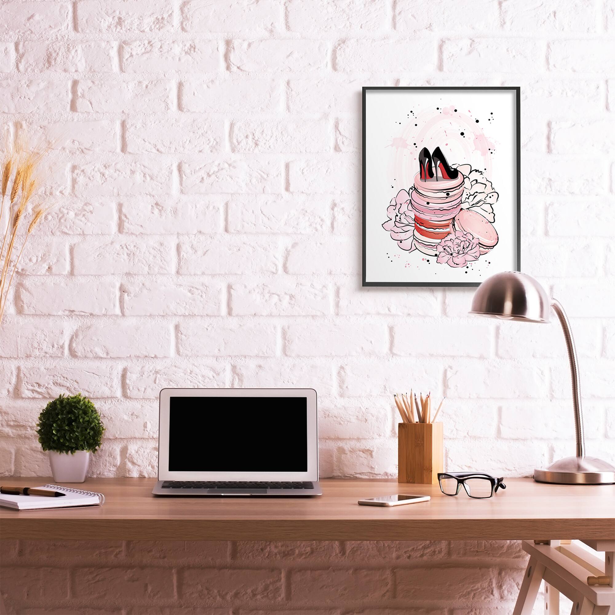 Stupell Industries Glam Red Bottom Heels on Pink Macarons Black Framed Wall Art