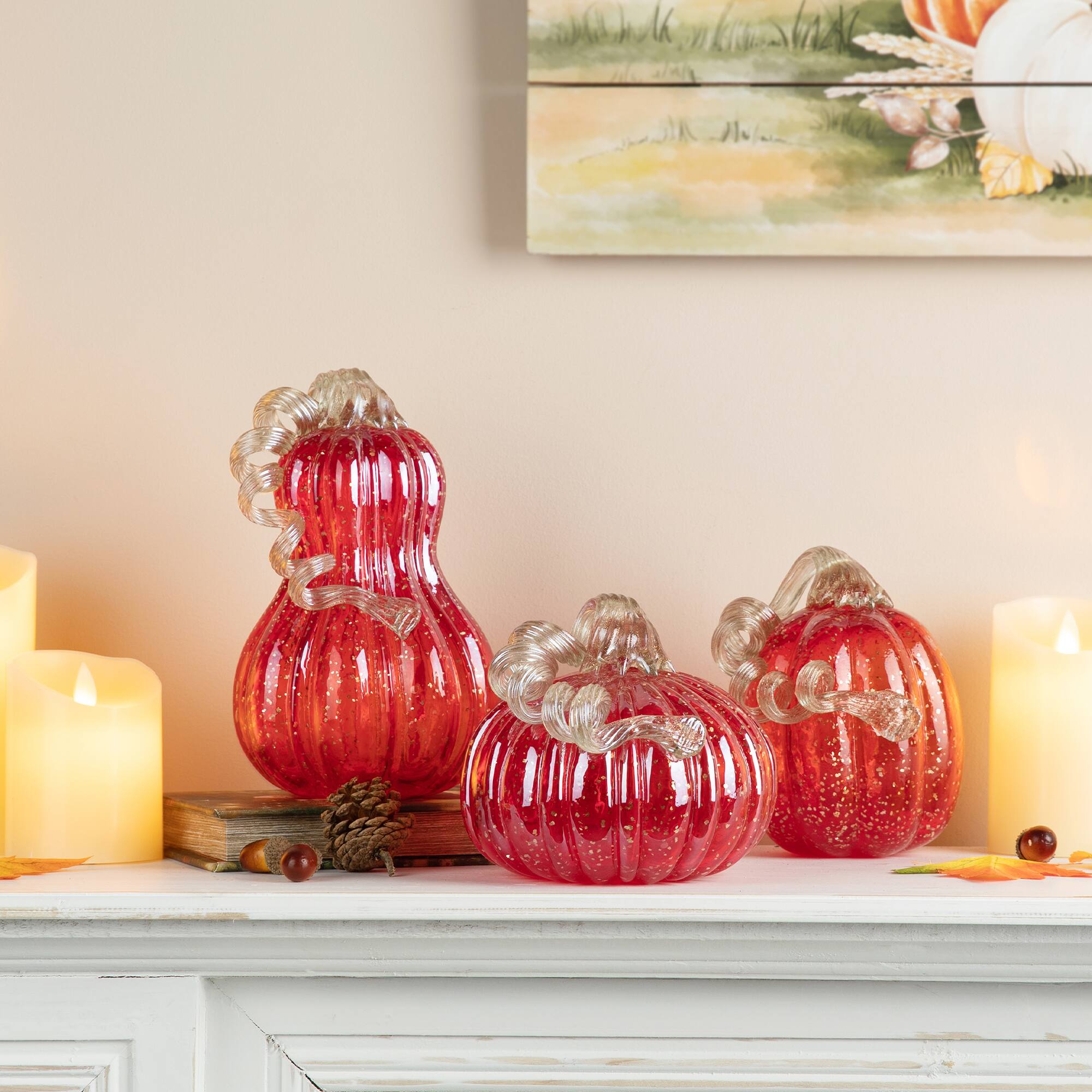 Glitzhome®  Red Glass Pumpkin & Gourd Set