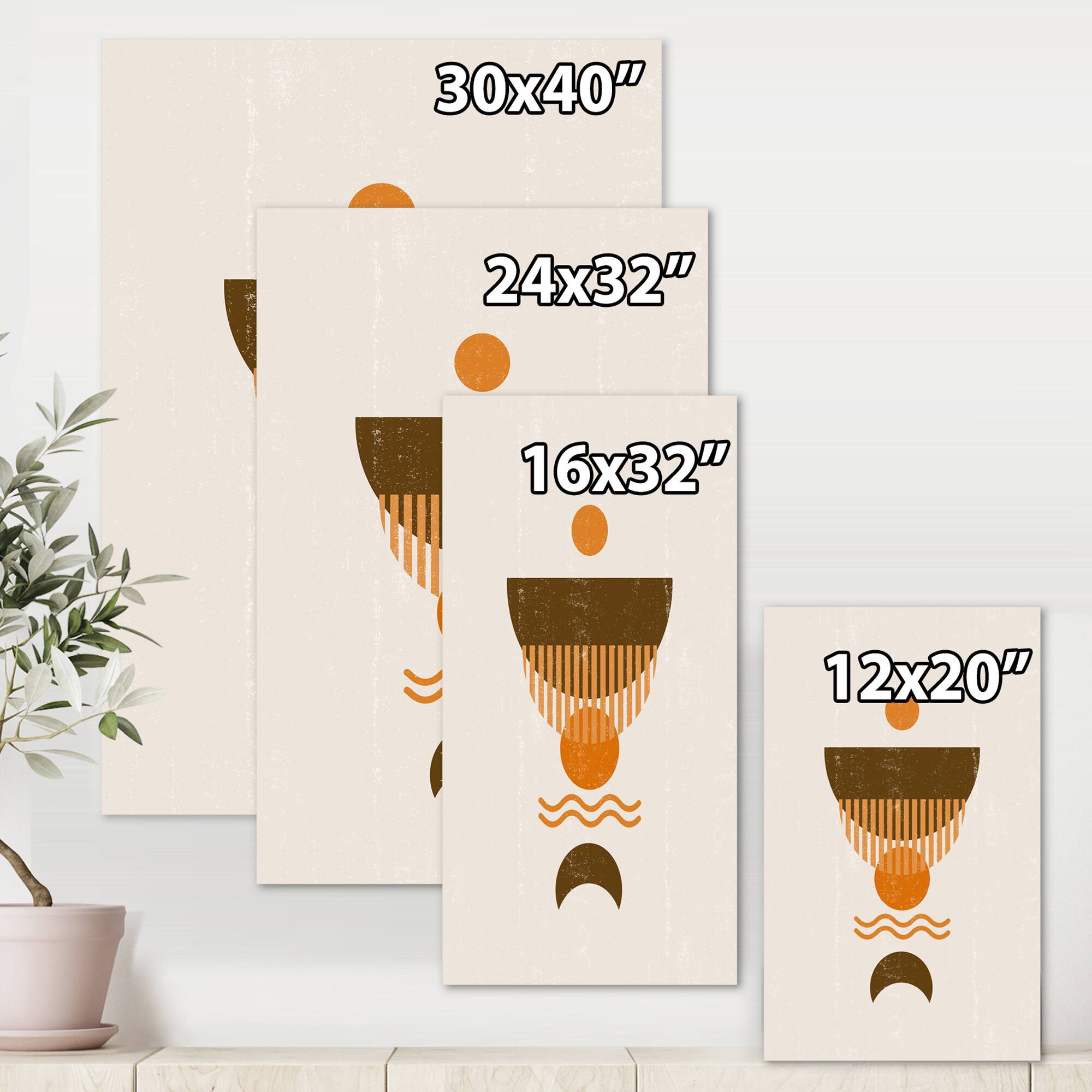 Designart - Abstract Minimal Orange Sun and Brown Moon - Modern Canvas Wall Art Print