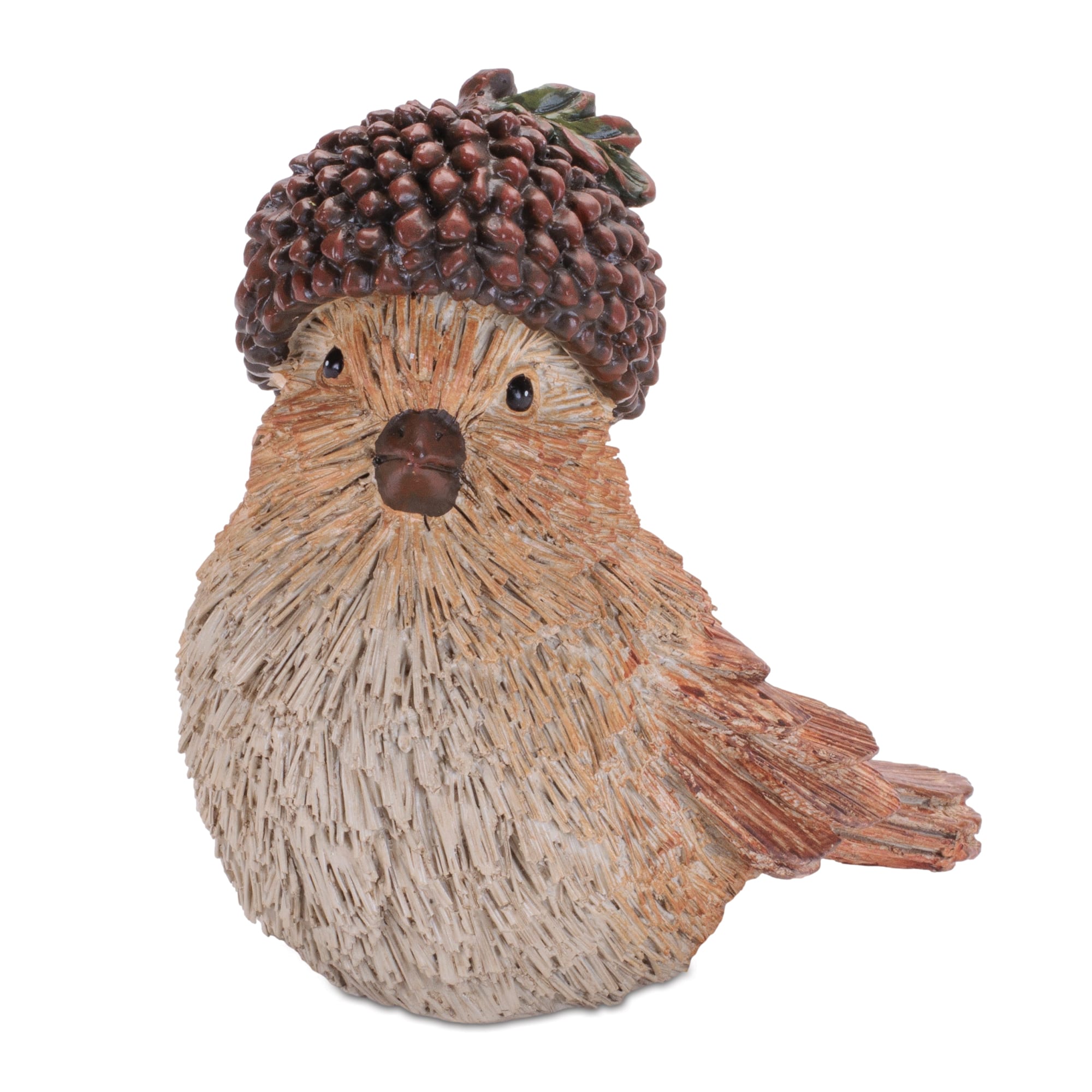 Brown Woodland Bird with Acorn Hat Figurine Set