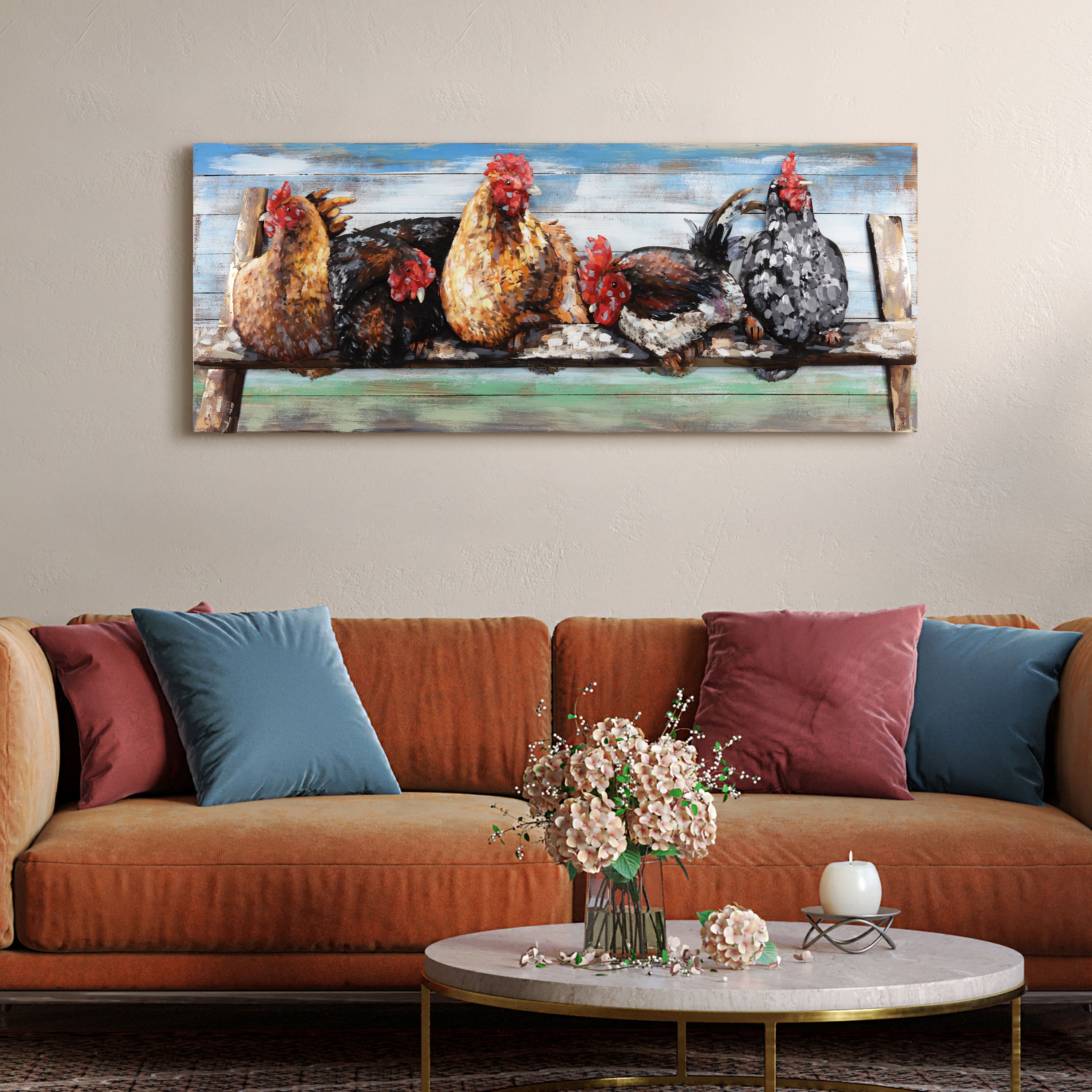 Empire Art Direct 24" x 60" Chickens Hand-painted Iron Wall Sculpture with Solid Wood Frame